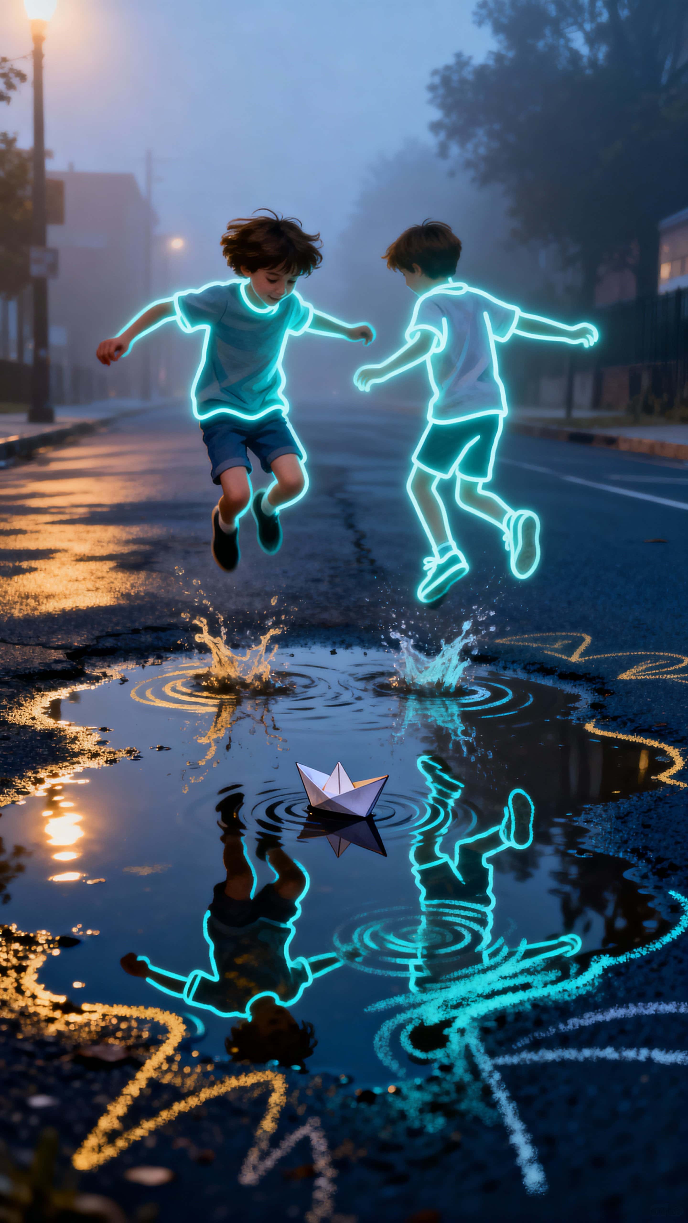 Two glowing outline children leap into a real street puddle, their neon contours producing luminous splashes and hand-drawn ripples that blend with wet reflections.