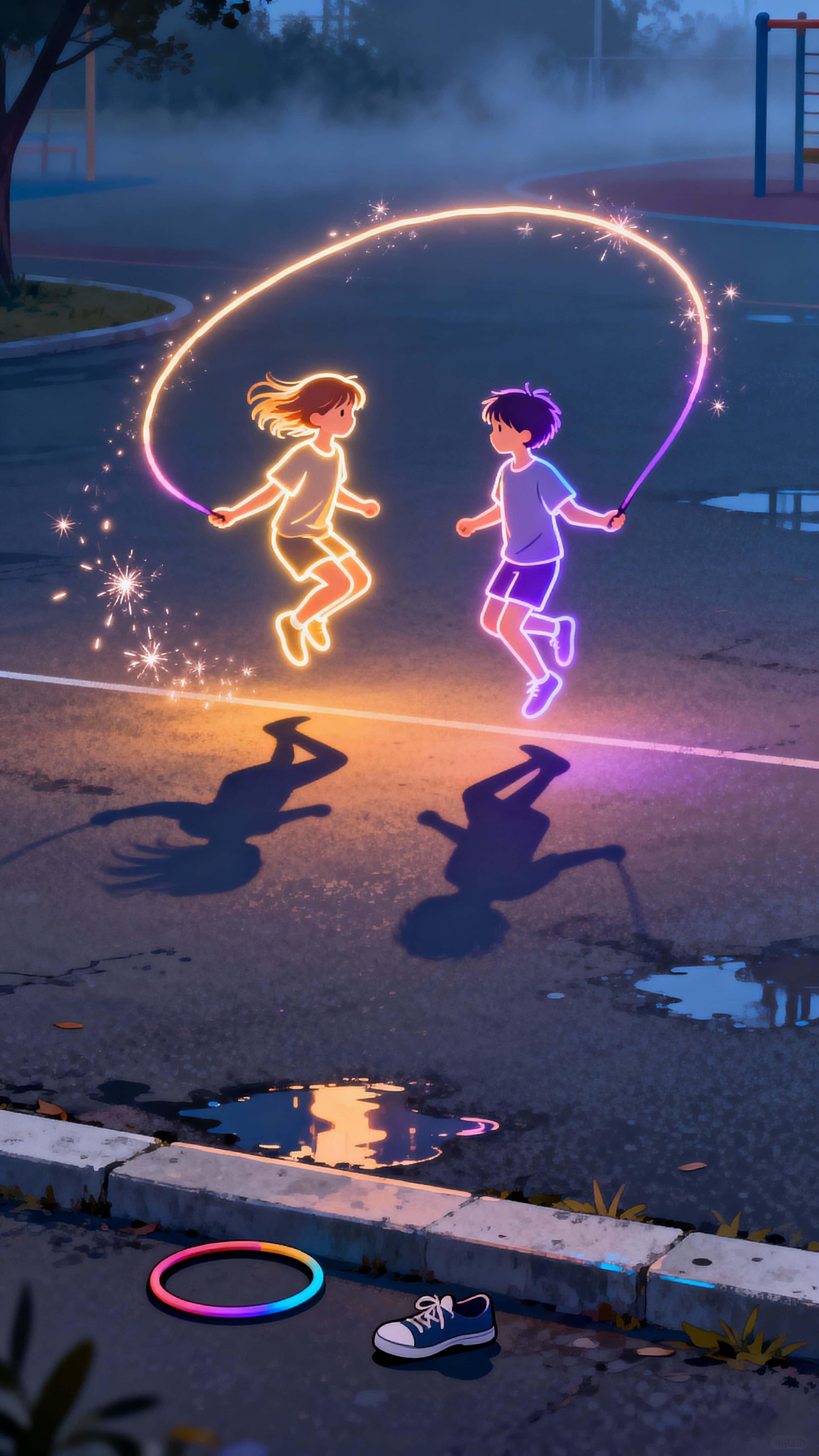 Two glowing outline children jump rope under a dusky sky, the swinging rope leaves sparkling trails and their faintly glowing shadows rest on the real ground.