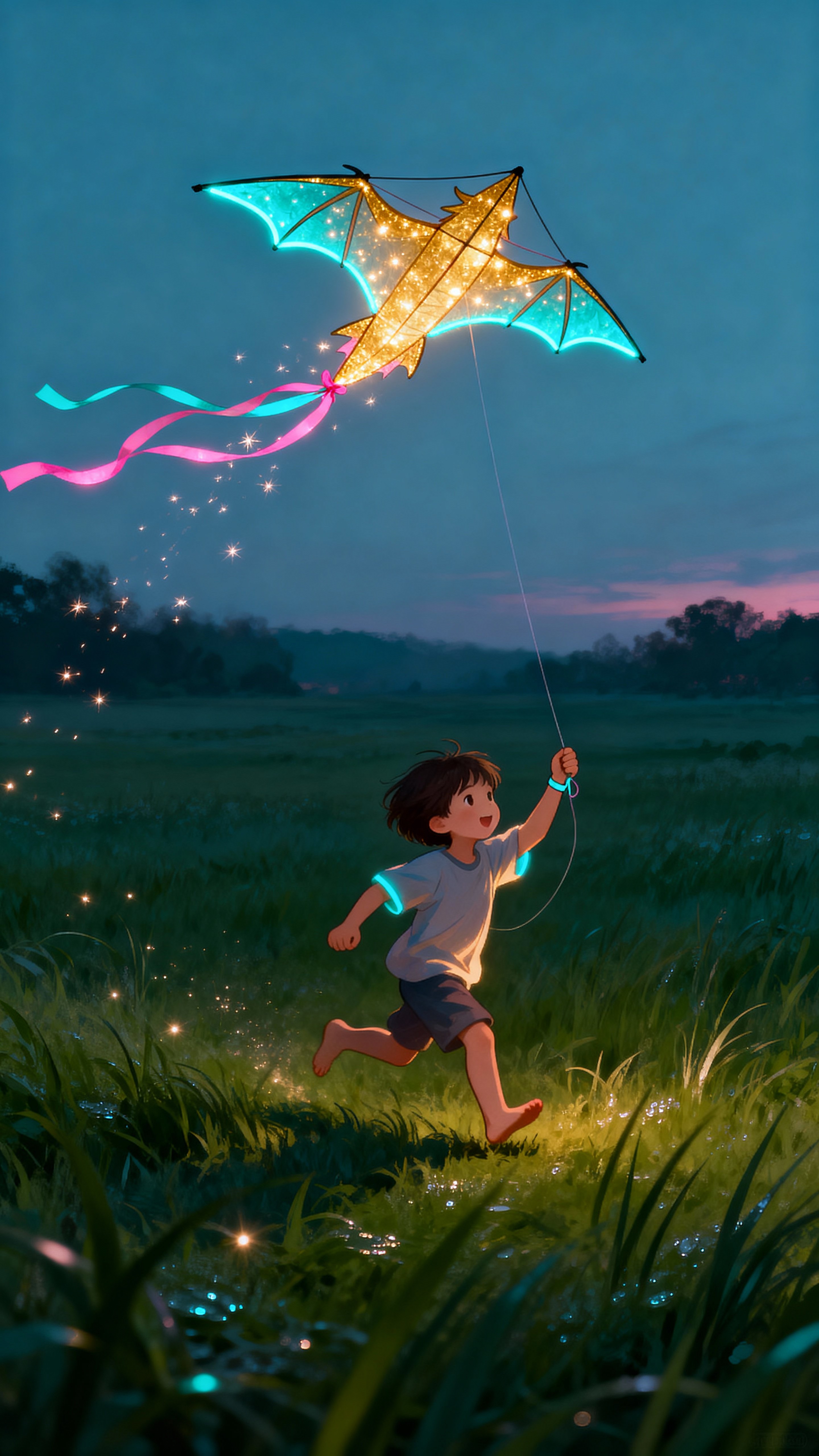 A glowing-outlined child runs across a real grassy field at dusk holding a sparkling doodle kite shaped like a small dragon, the kite leaving glittering trails as it moves.