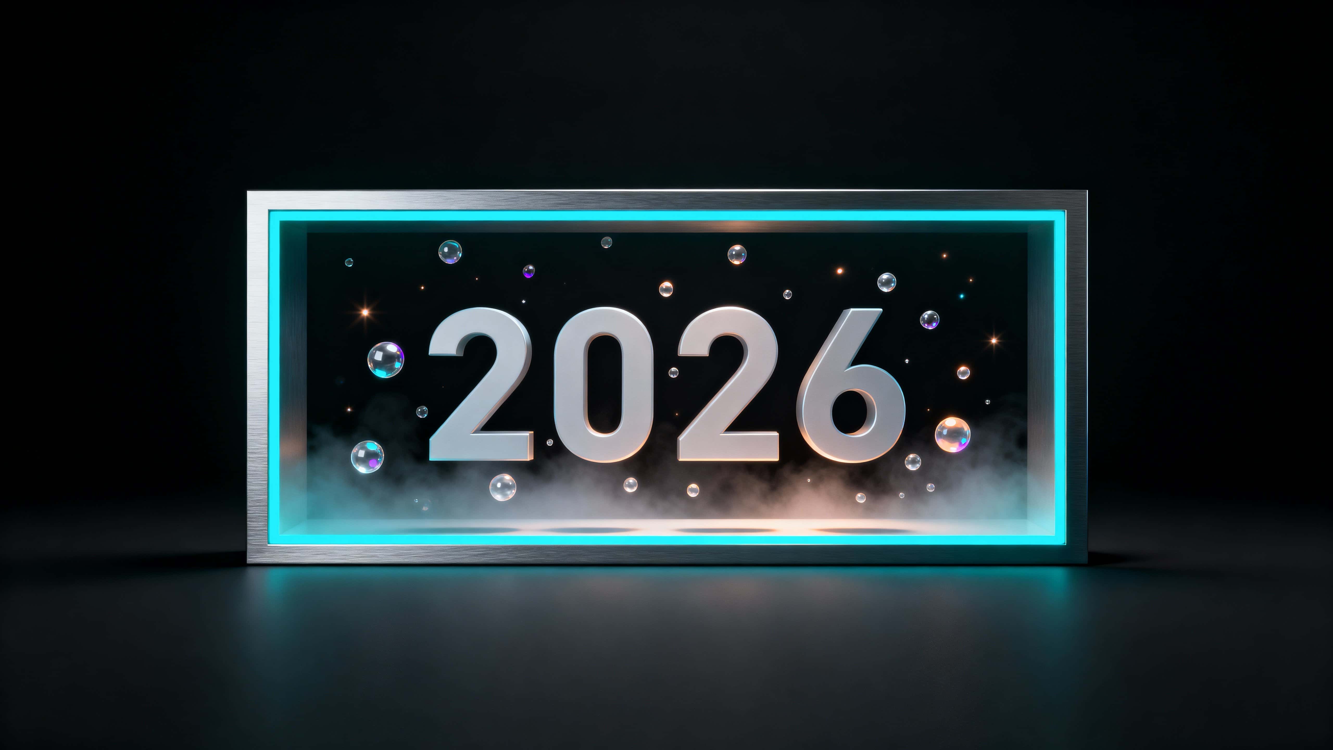 A hovering glowing rectangular frame in a dark void, inside which free-floating light particles assemble into the numerals “2026” in an ultra-clean, architectural 3D render mood.