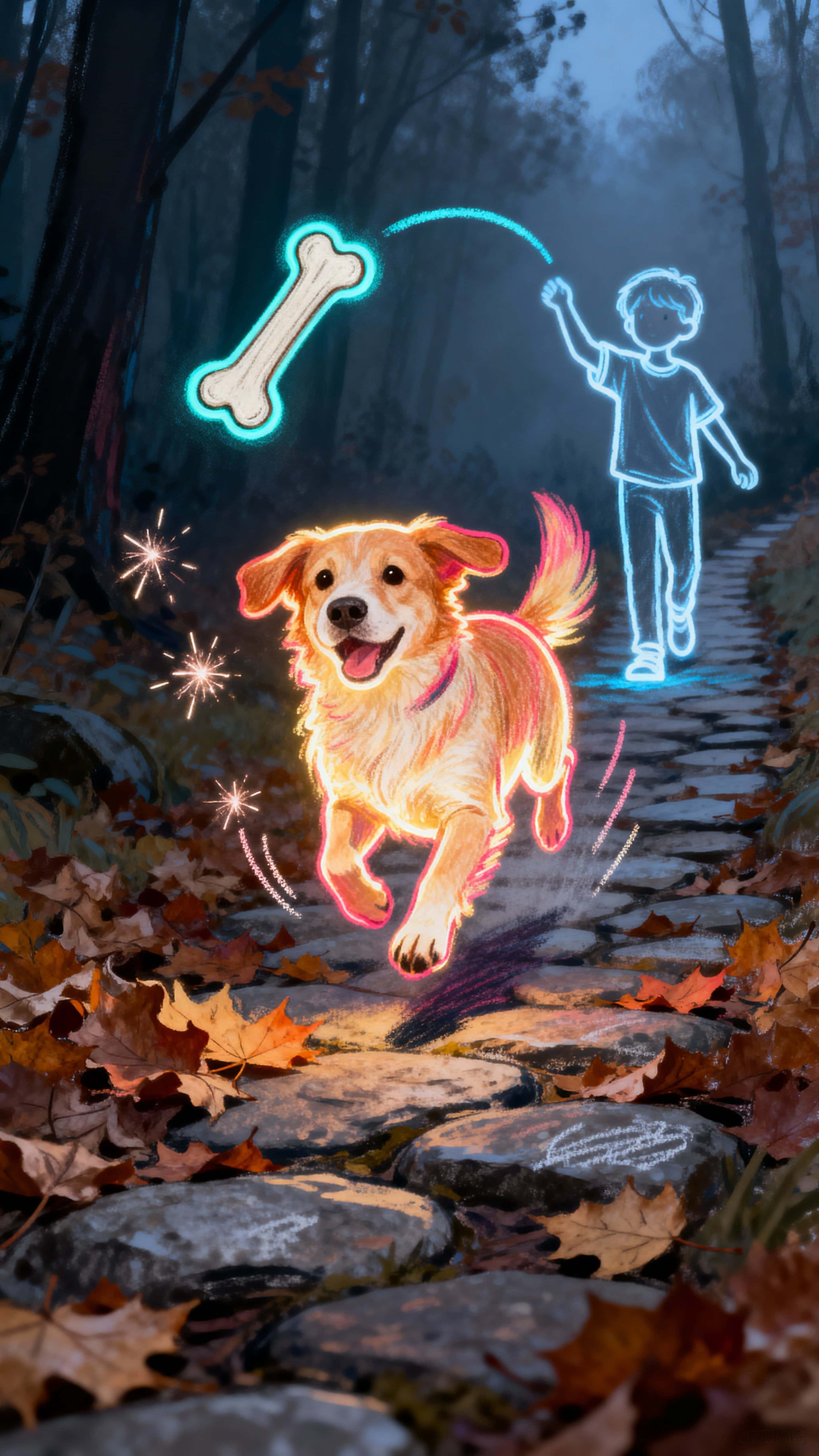 A glowing sketch dog jumps through autumn leaves along a real forest path while a glowing outline child playfully throws a sketch bone, framed vertically in 9:16 for a tall cinematic crop.