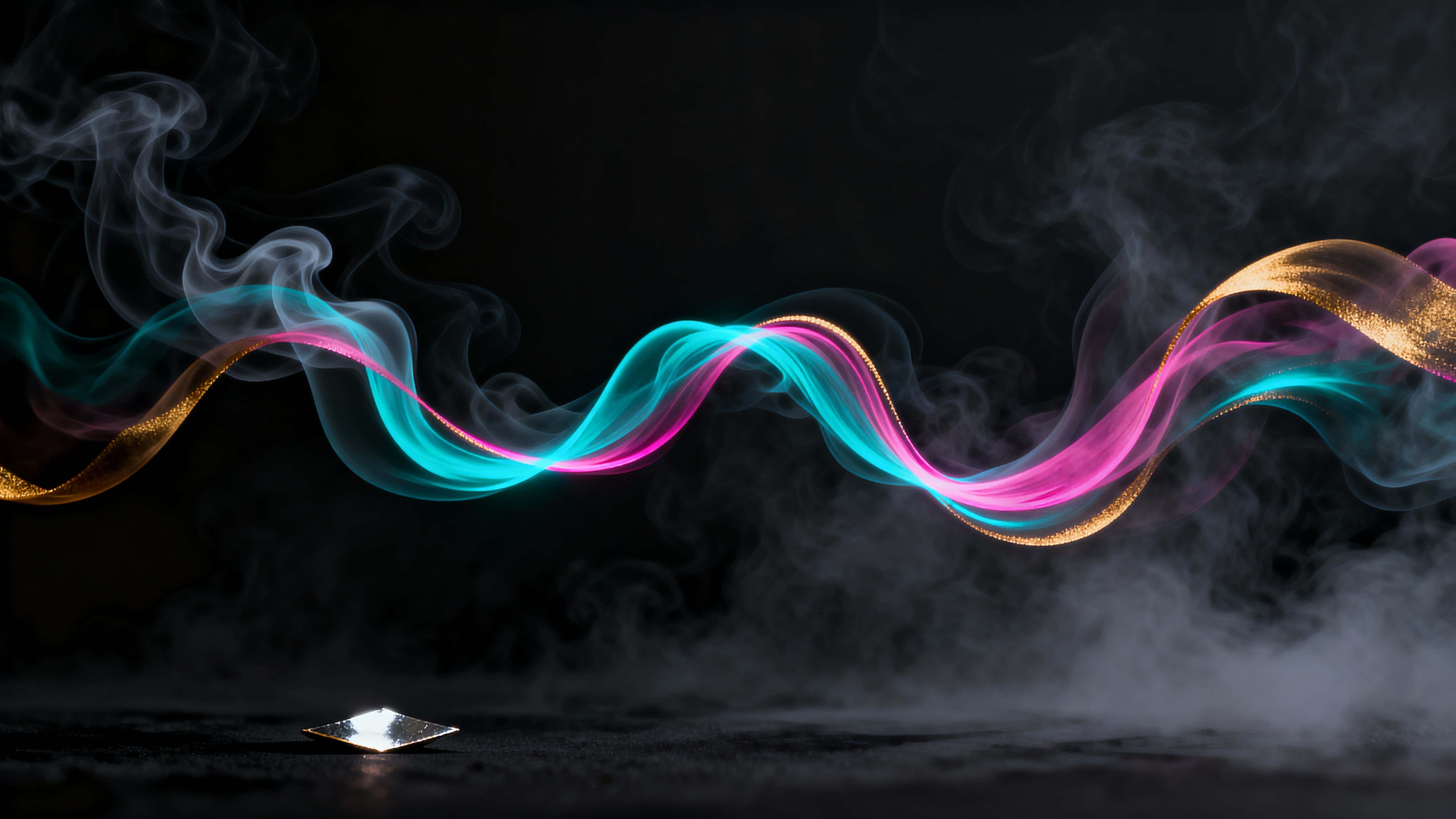 Glowing smoke ribbons swirl and dance through a deep black mist, forming luminous strands and arcs that weave a cinematic, moody tableau for visual effects exploration and abstract illustration work.