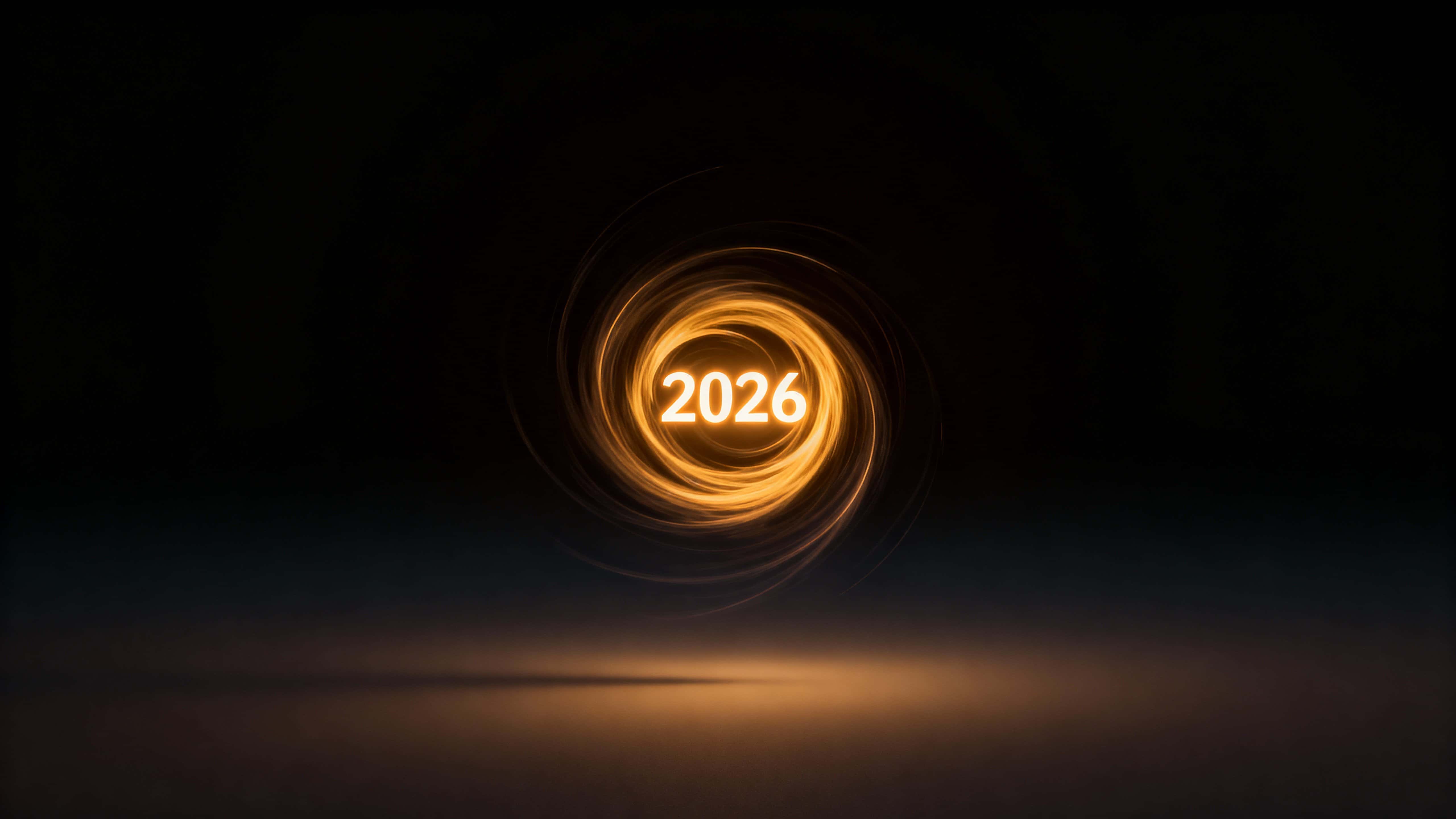 A single luminous spiral hovers in a deep empty space, its motion forming warm glowing numerals “2026” at the spiral’s center against an otherwise featureless void.