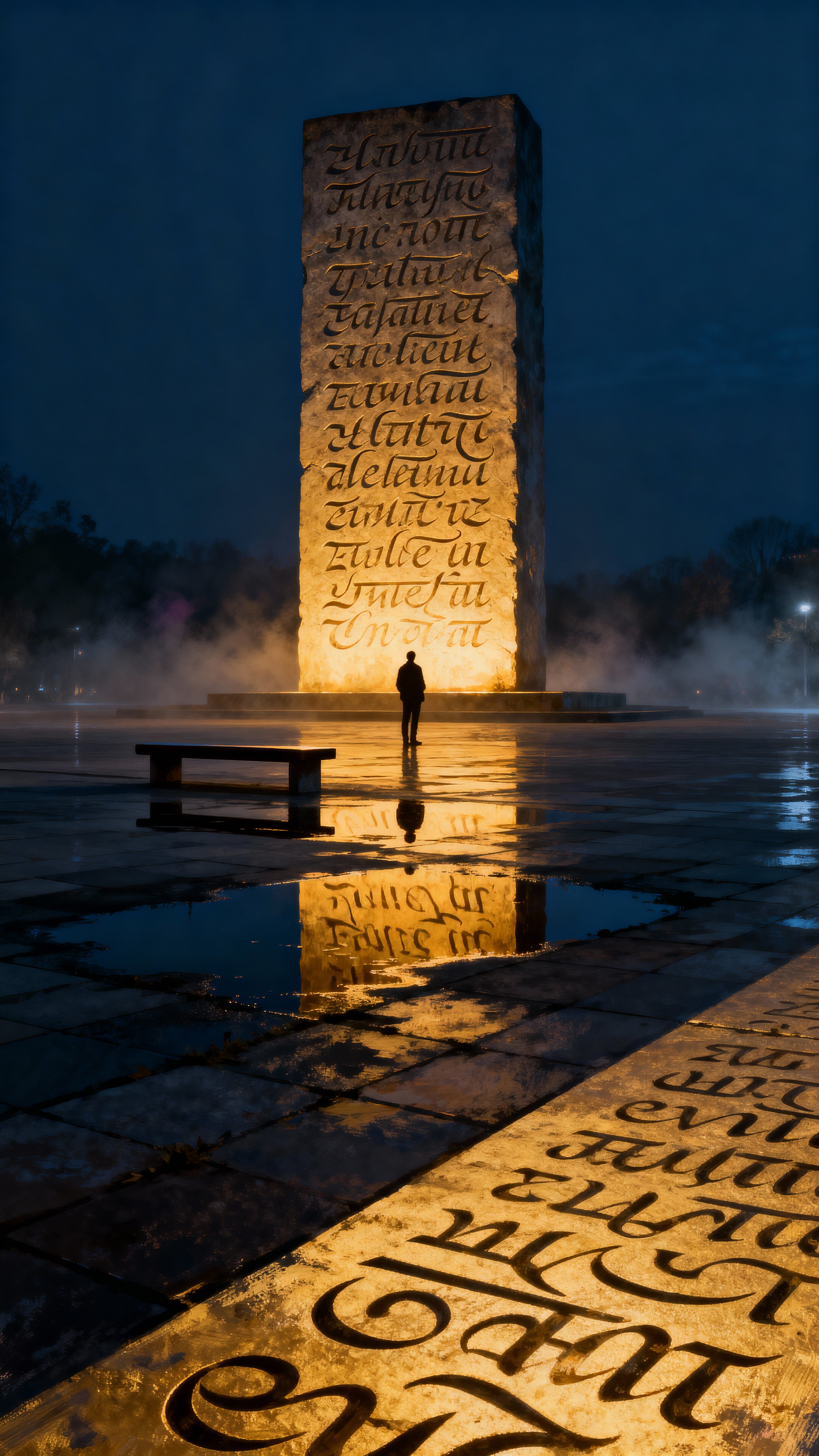 A tall rectangular monolith of dense glowing text towers in a dim plaza before a lone person, casting warm golden reflections across wet paving and the viewer's perspective.