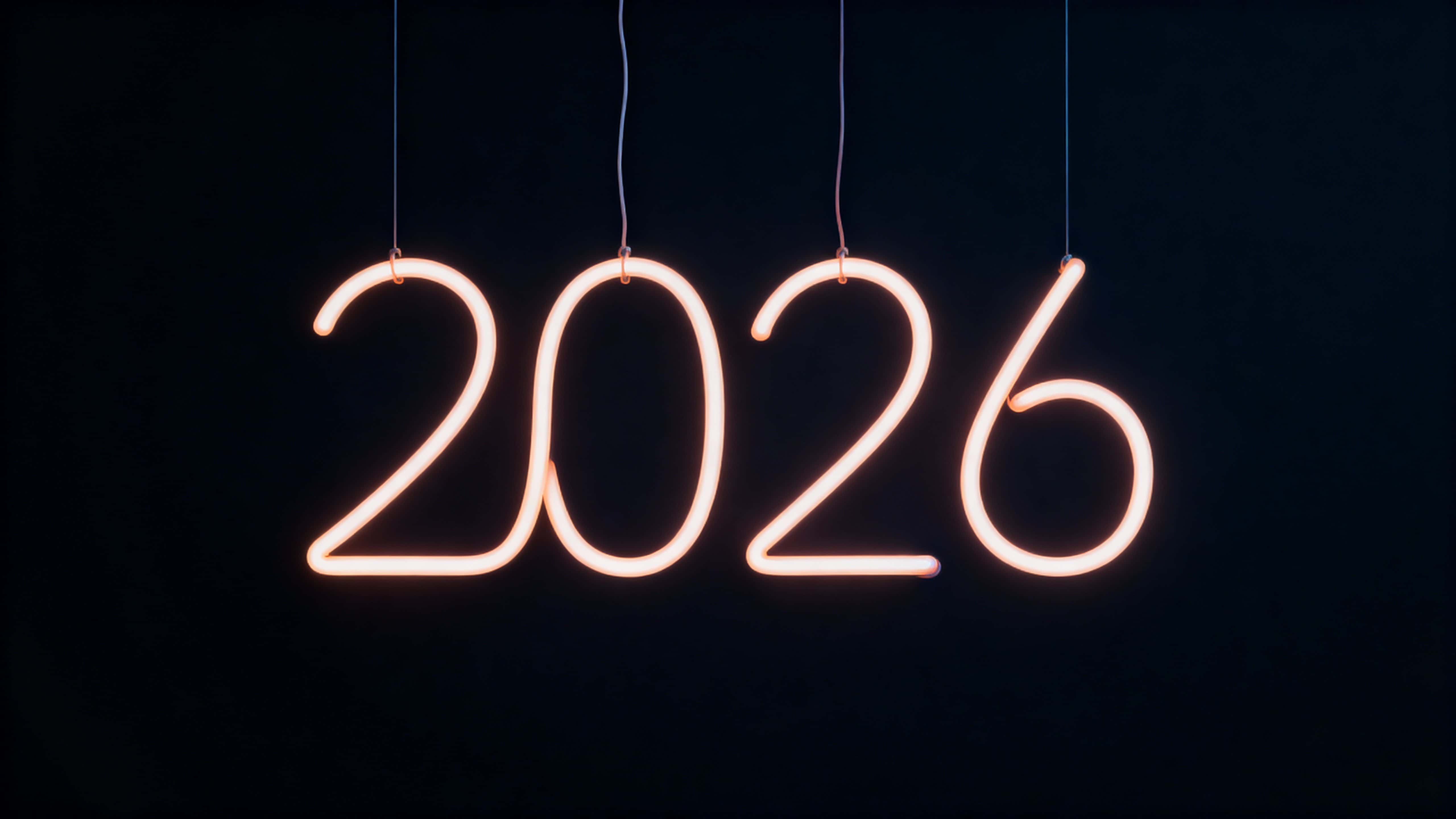 A thin, luminescent thread hangs vertically like a filament, bending subtly in the middle to trace “2026” in one continuous curve, while only the thread glows against a silent dark background.
