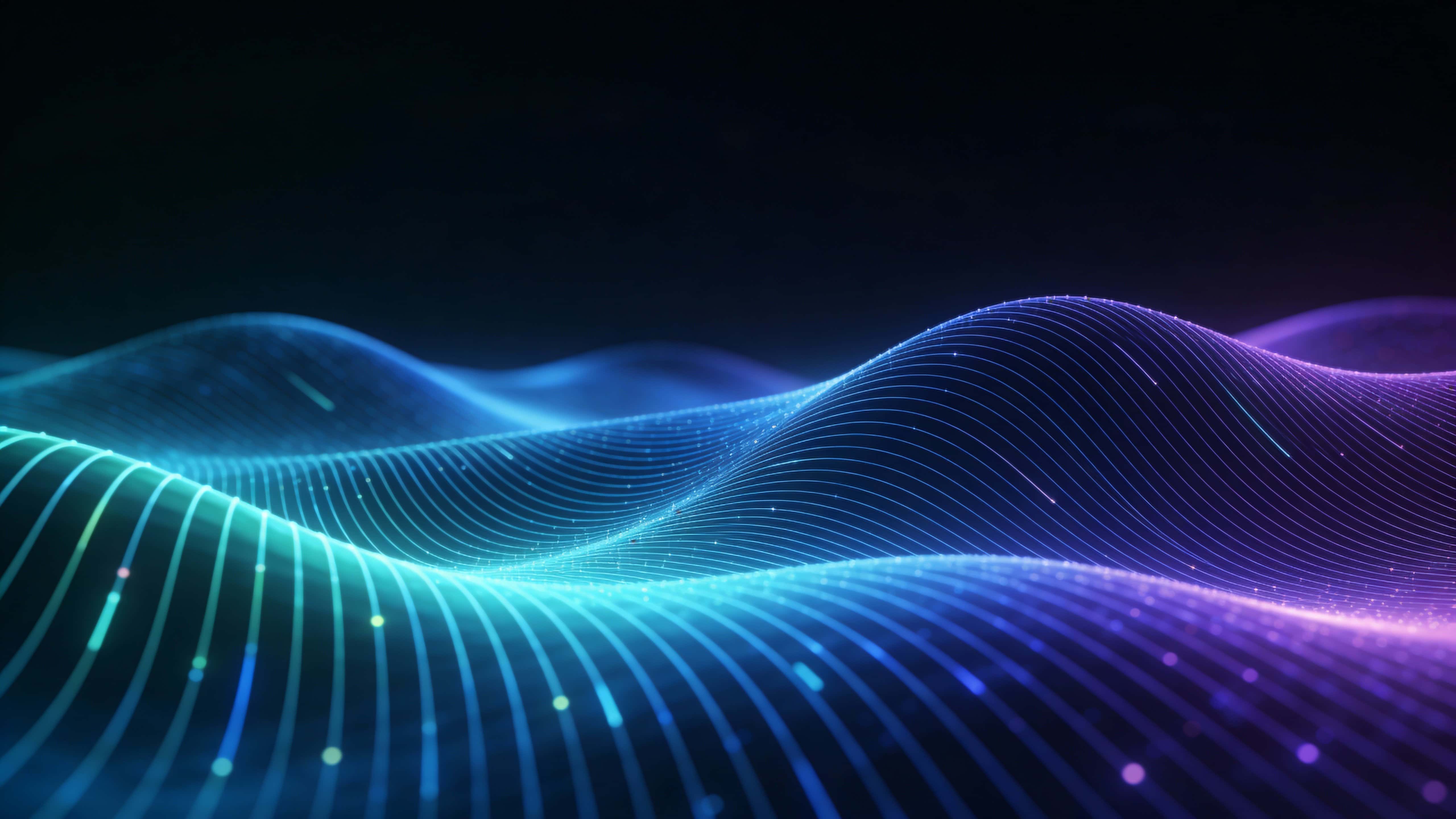 A futuristic 16:9 abstract background of layered wave patterns made of fine glowing lines in electric blue, teal, and violet over a dark backdrop, rising from the lower half into a clean upper area.