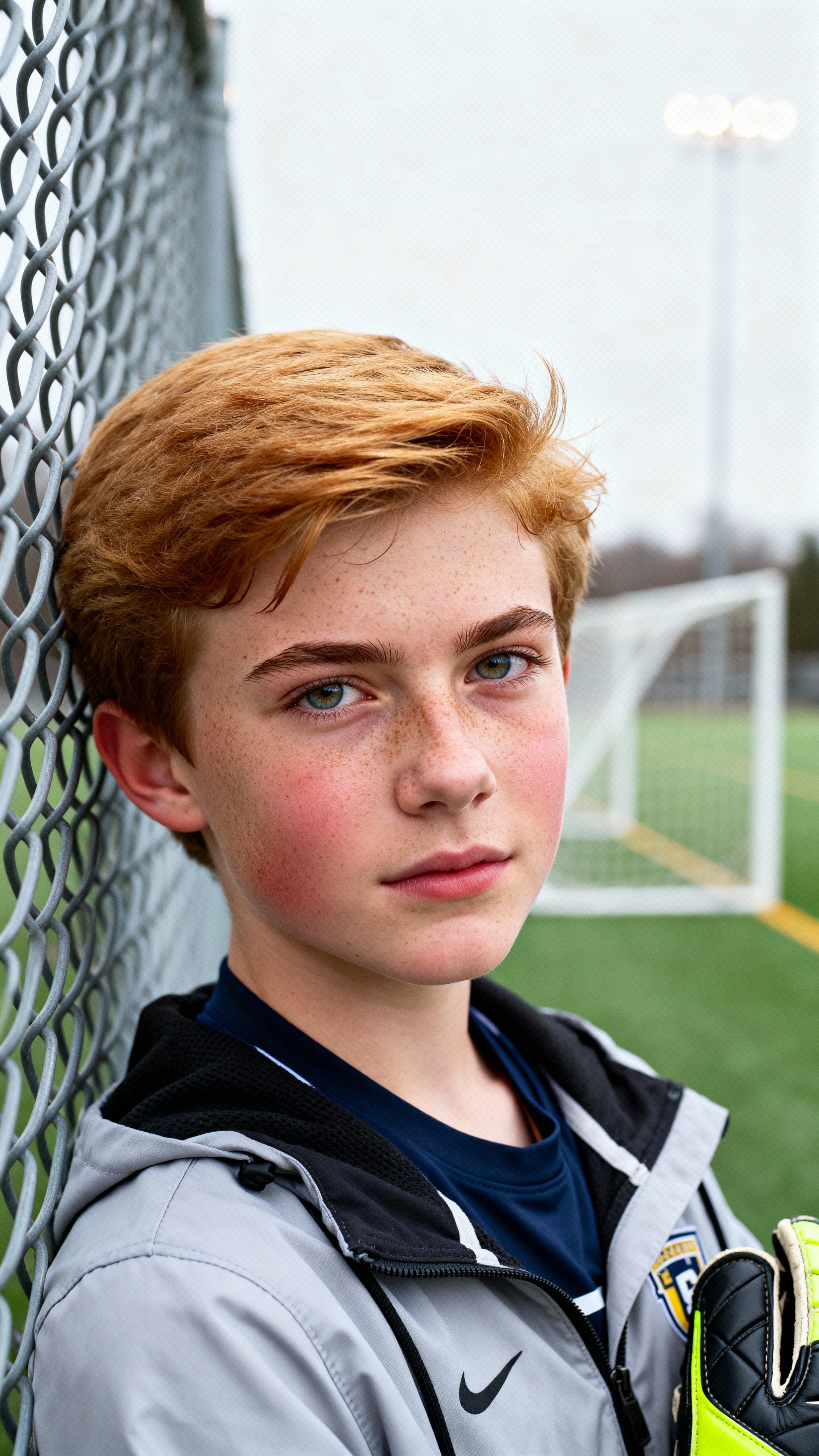 Tight, eye-level headshot of Emmett, a freckled Midwestern teen goalkeeper with strawberry-blond hair and warm skin, navy windbreaker, muted gray fence and emerald field lights with amber catchlight.