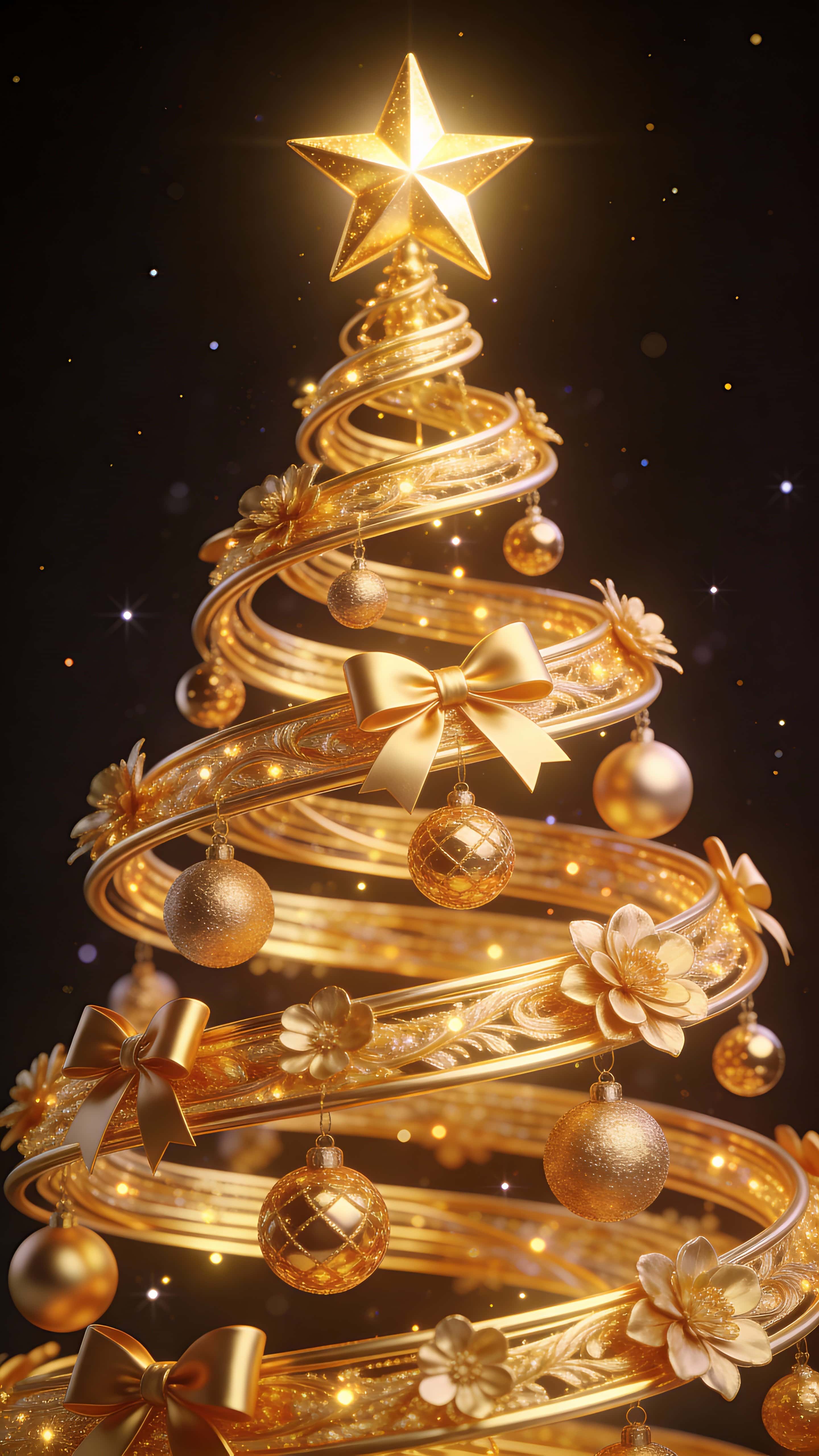 A premium 9:16 festive background showing a glowing gold Christmas tree of swirling garlands with polished gold ornaments, bows, and floral accents, topped by a haloed gold star against a dark minimal backdrop.