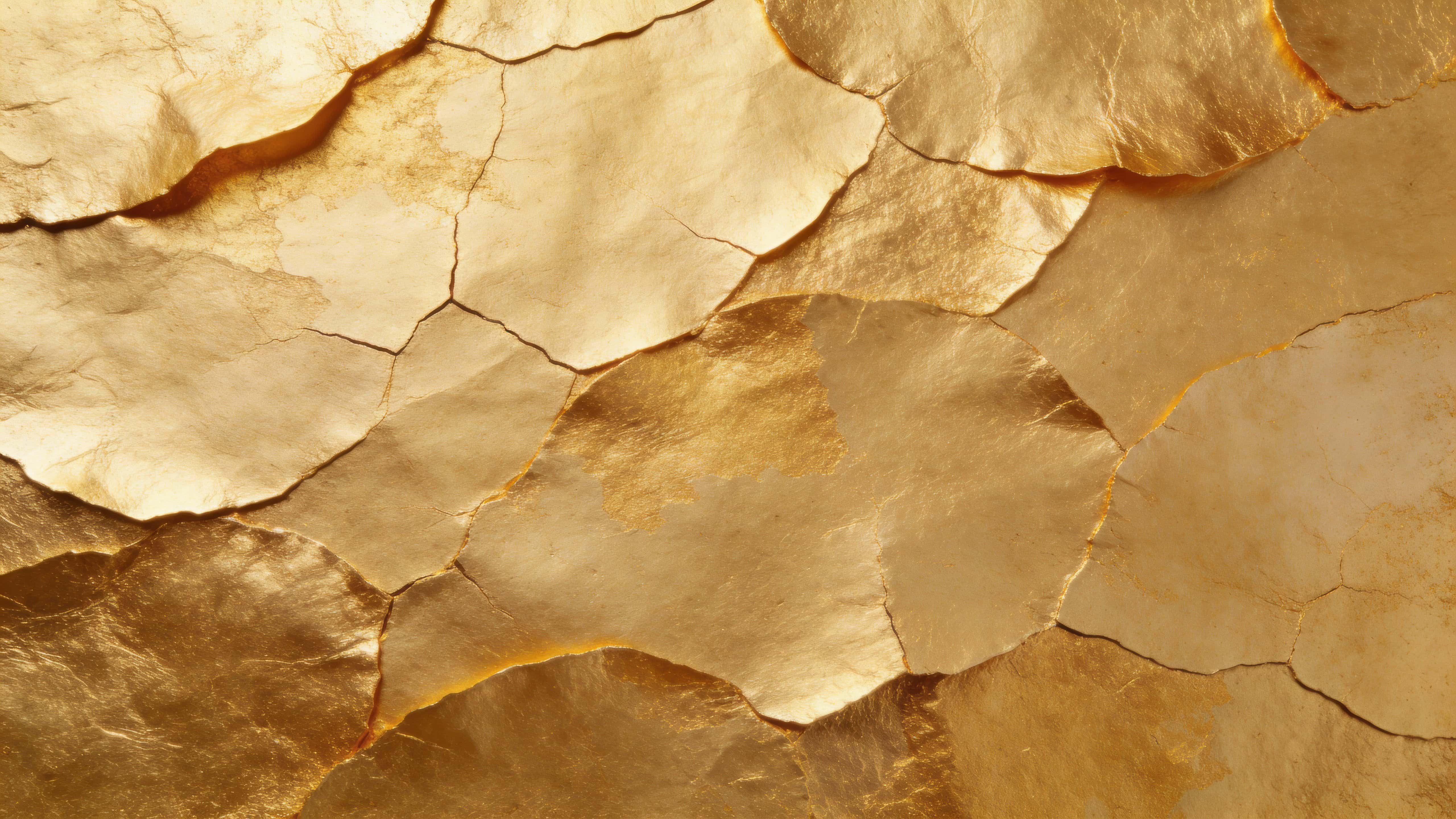 Flat full-frame gold leaf texture in 16:9 showing thin overlapping layers with visible seams and gentle cracking, an organic artisanal surface with subtle tonal shifts in warm golds.