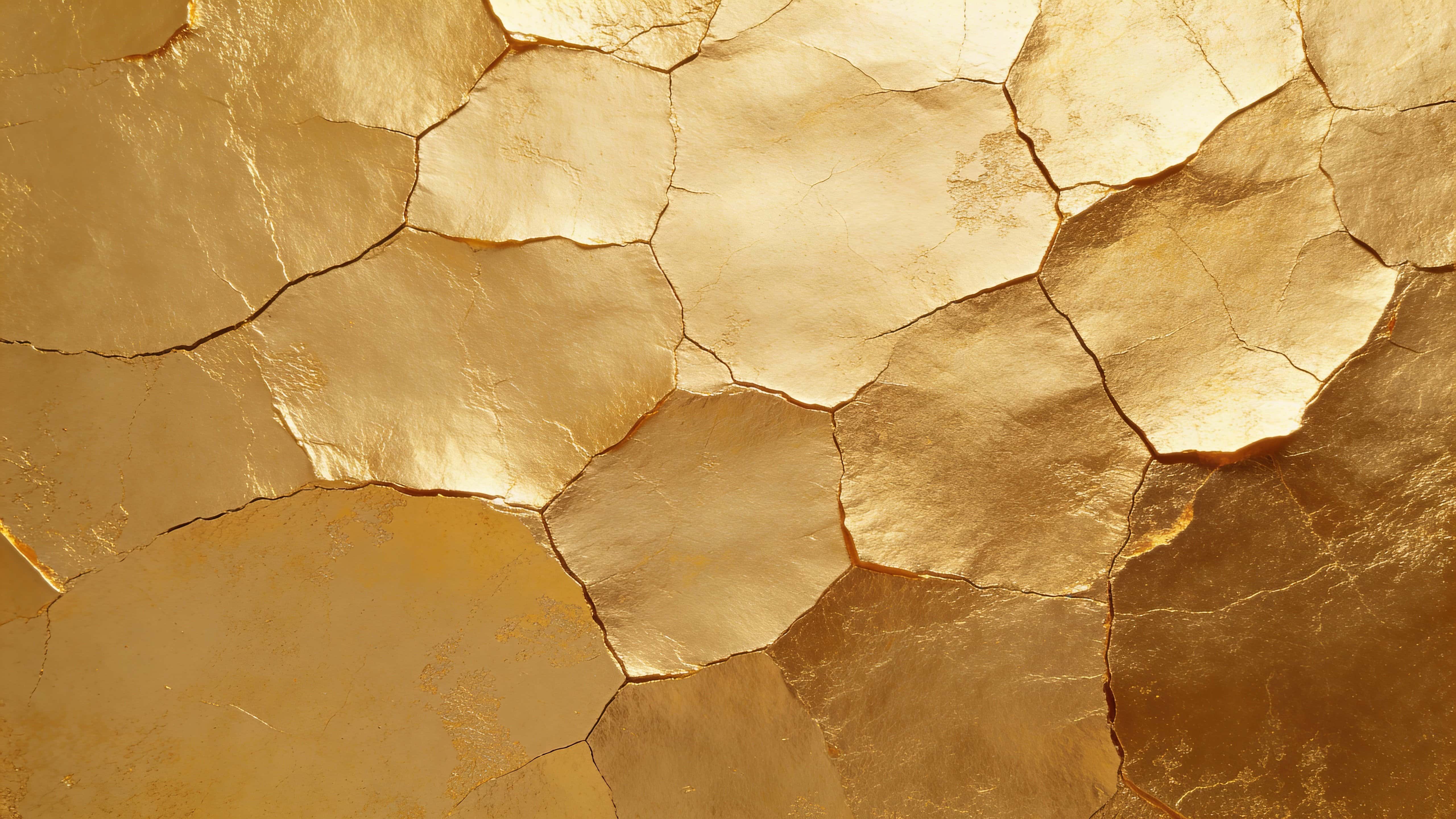 Full-frame 16:9 gold leaf texture background featuring overlapping thin layers, visible seams and gentle cracking, with organic matte and pale-to-deep gold variations.