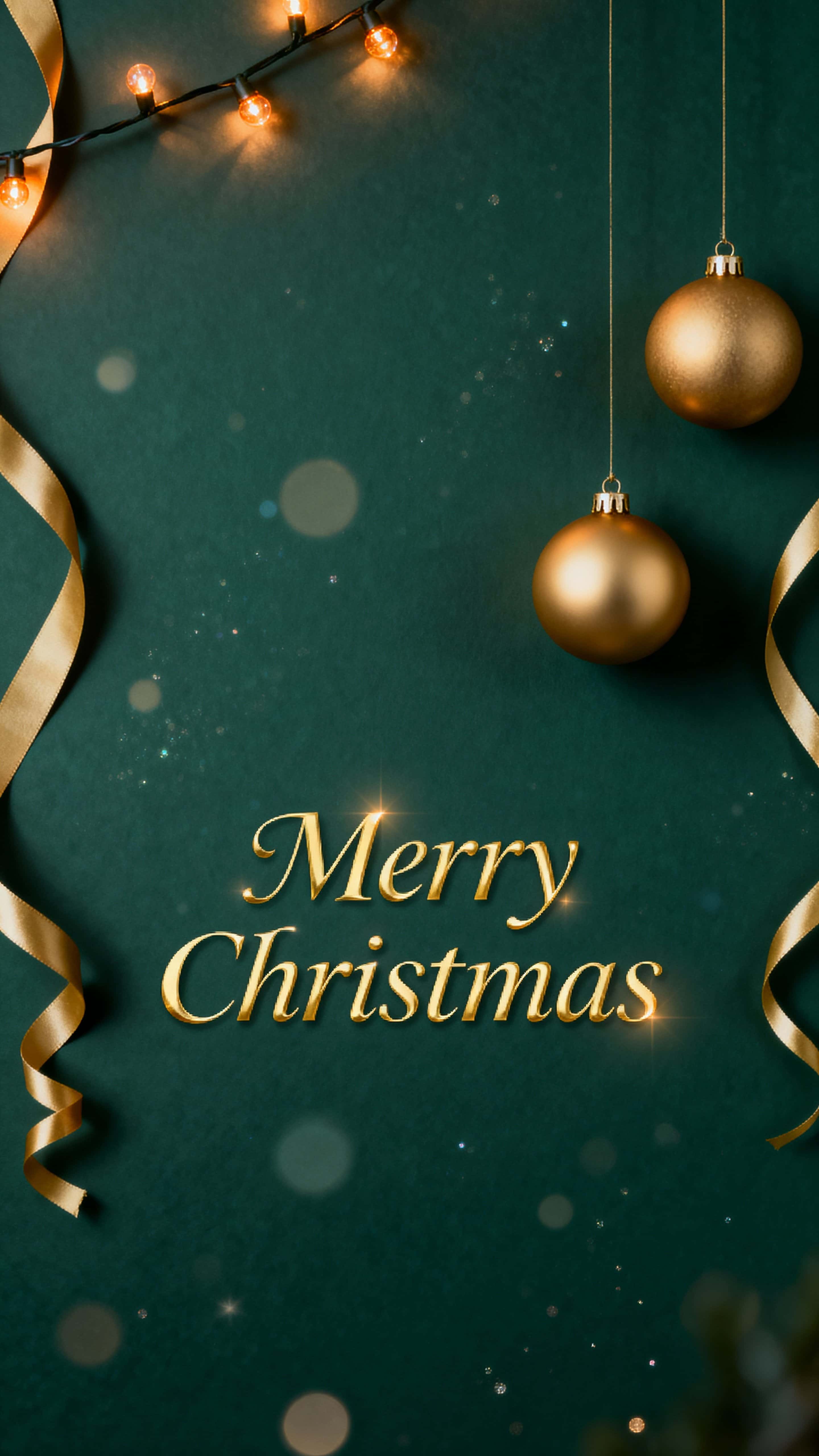 Vertical 9:16 holiday poster: dark emerald backdrop with matte gold ornaments and ribbons at right, warm string lights top-left, centered gold calligraphy text.