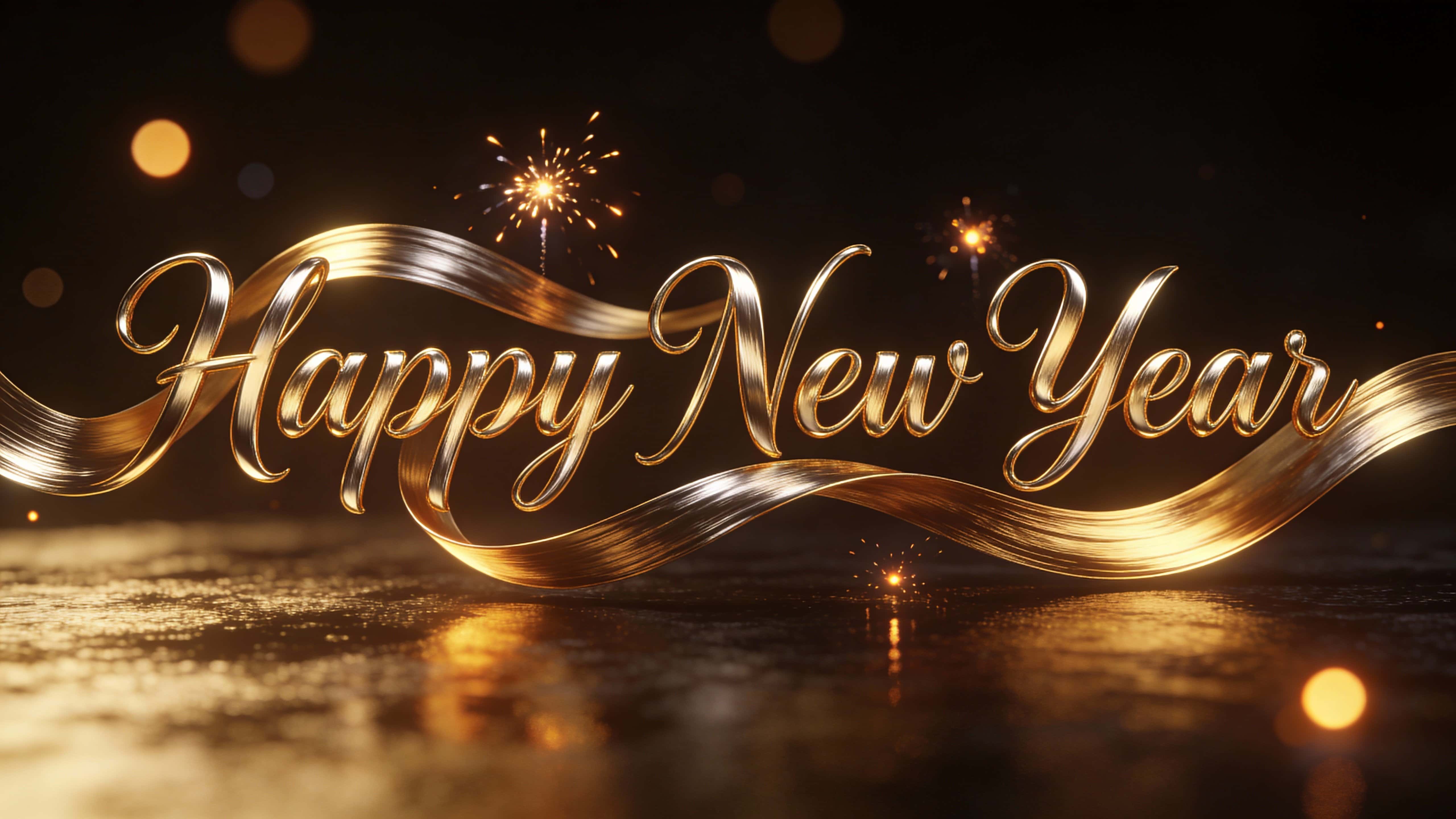 A centered 16:9 New Year greeting showing flowing metallic gold ribbon typography that spells “Happy New Year” against a dark atmospheric background with soft-focus light orbs and distant fireworks.