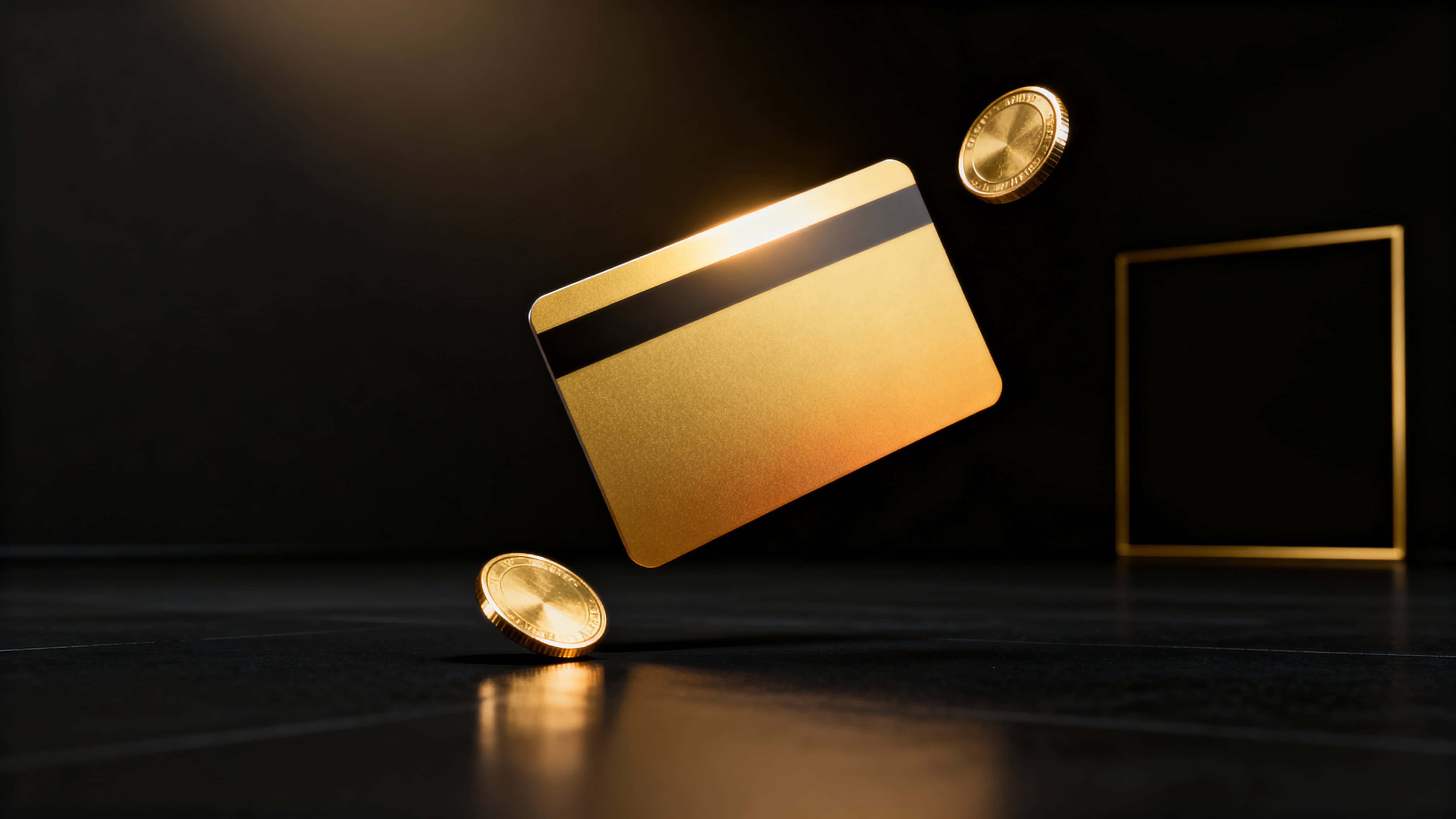 A sleek brushed-gold card hovers in the left third above a matte black floor with three orbiting polished gold coins and expansive velvety black negative space to the right.