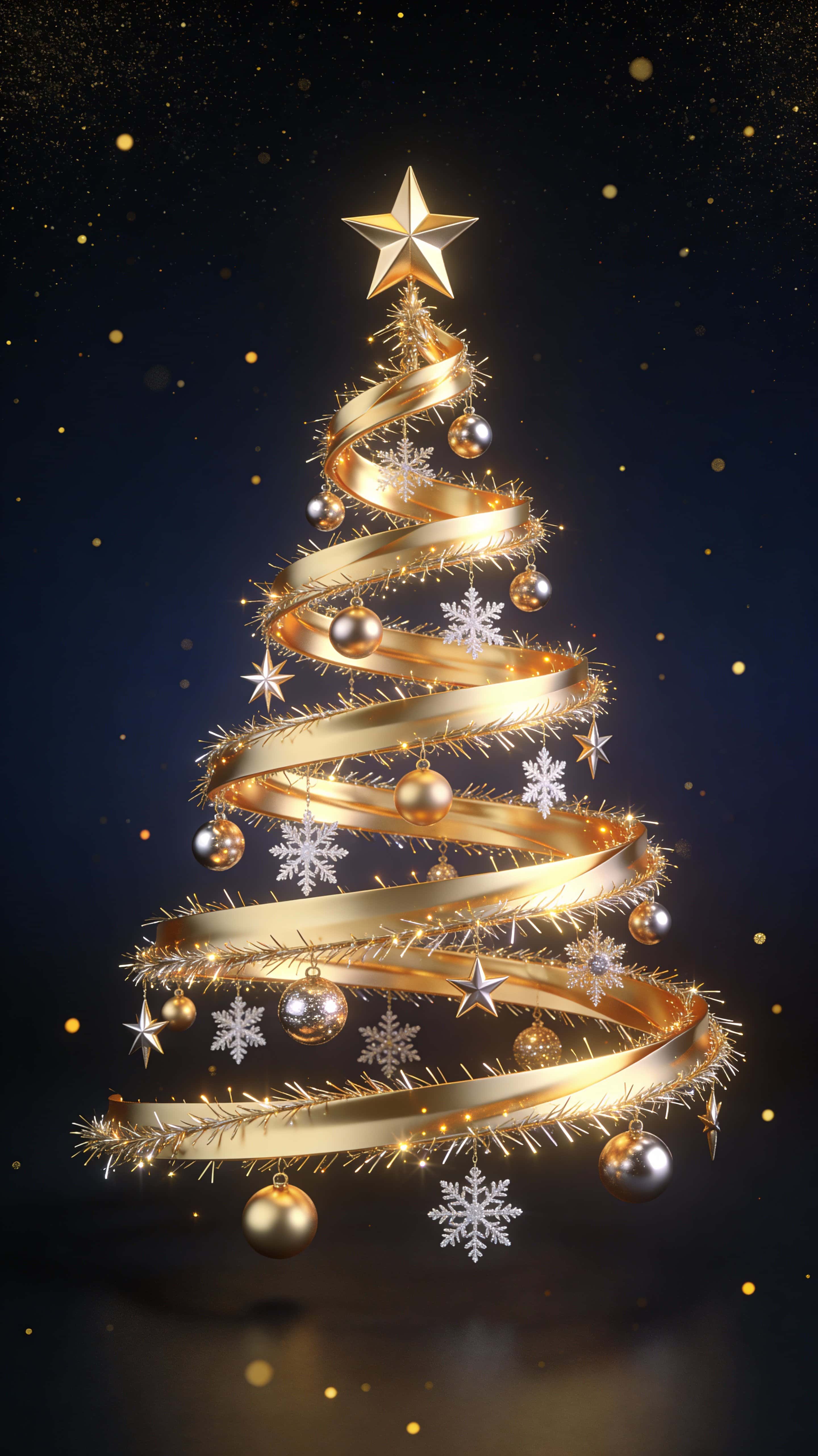 Vertical 9:16 holiday background showing a decorative golden Christmas tree of luminous ribbons and tinsel with metallic baubles, snowflakes, warm highlights, and drifting gold particles.