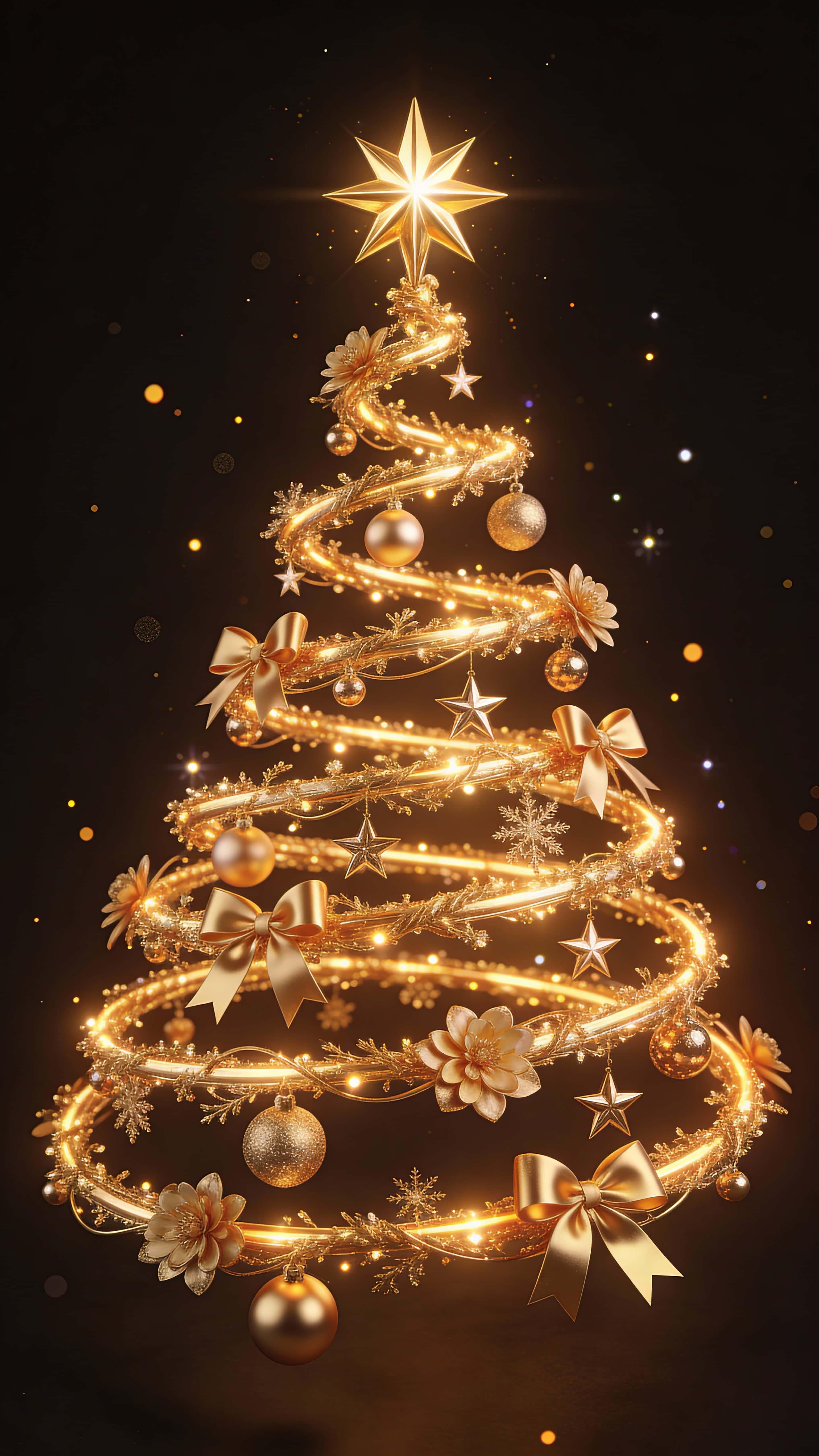 A stylized golden Christmas tree of glowing spiral garlands and shimmering ornaments stands centered on a deep dark vertical backdrop with warm floating sparkles and a radiant star crown.