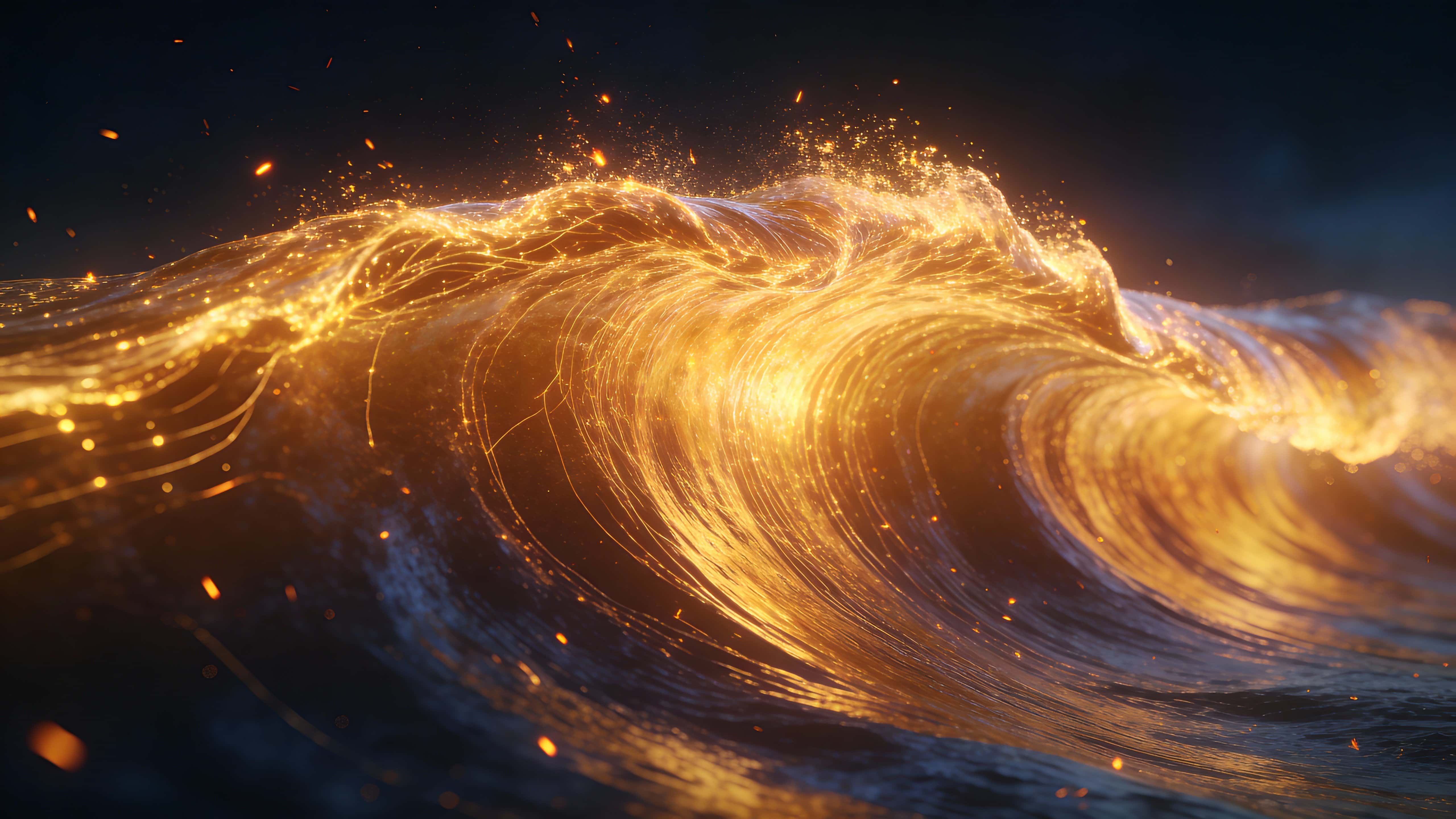 A wide wave of warm golden energy rolls across the lower frame, its glowing strands and drifting embers set against a quiet dark backdrop with navy shadows.