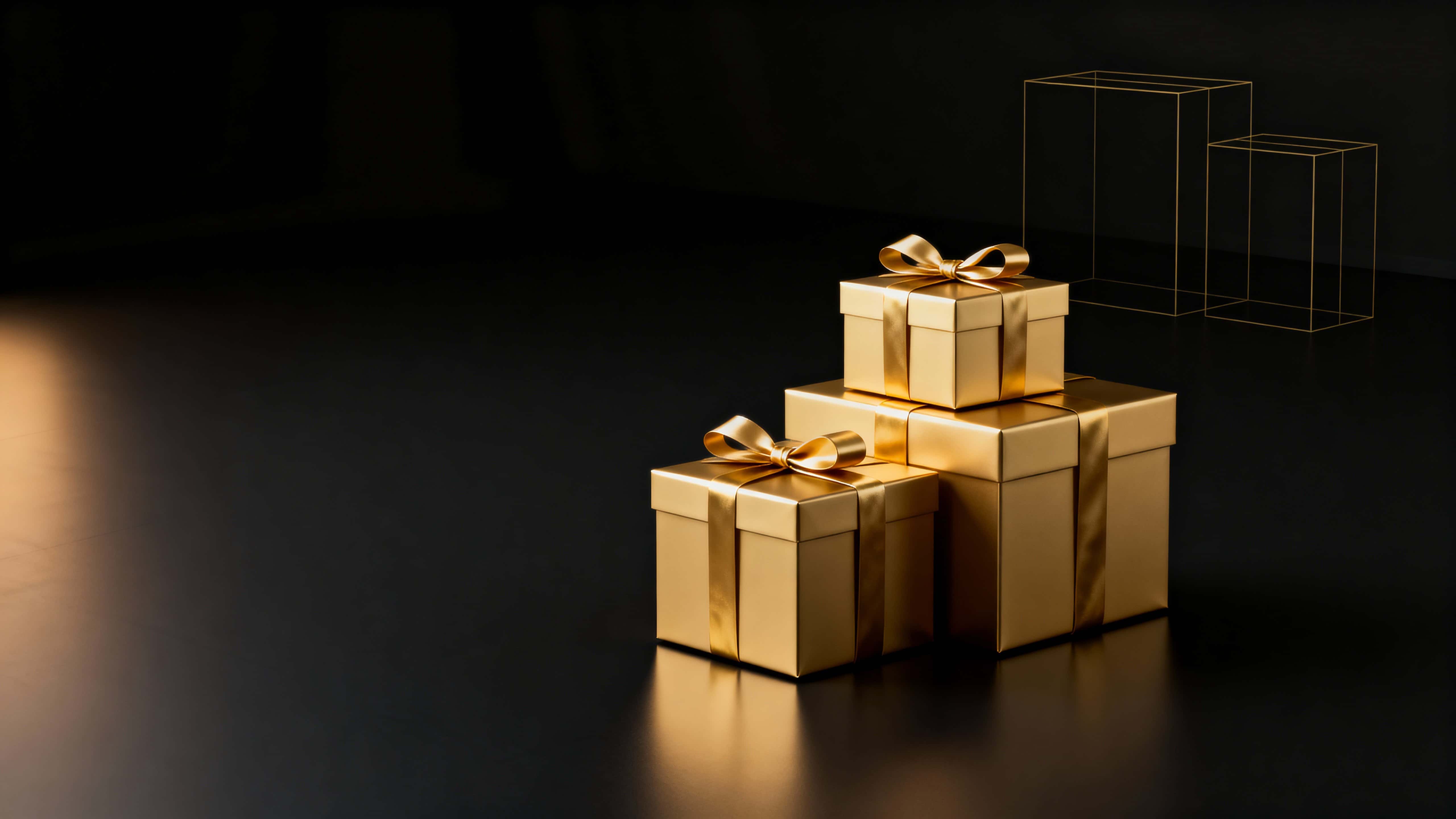 Three polished gold gift boxes cluster on a matte-black floor in the lower-right of a 16:9 frame, with warm left highlights, deep right shadows, faint distant gold echoes, and open upper-left negative space.
