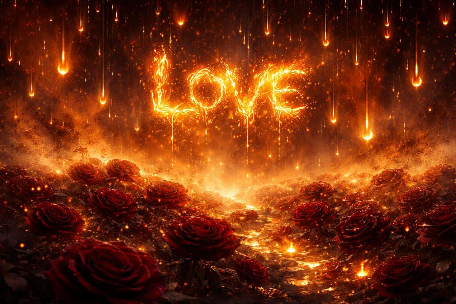 Surreal wide 3:2 landscape of molten gold rain falling over a field of dark velvet red roses with the word 'LOVE' formed by glowing droplets, hazy steam, and fierce orange radiance.