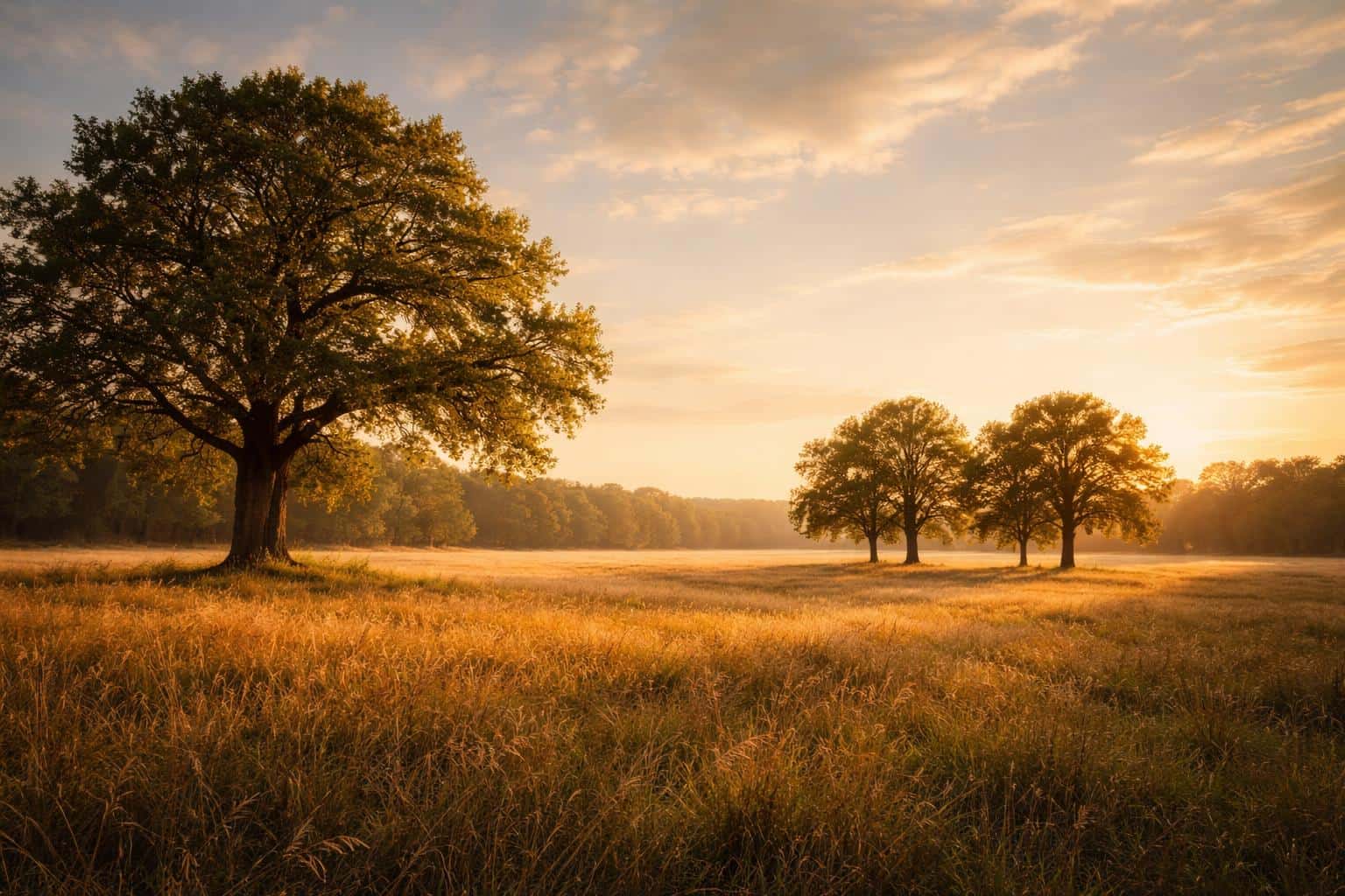 Golden-hour landscape photograph of trees and open land framed precisely for a 3:2 aspect ratio with warm side light, long shadows, and spacious negative sky for a poster-cover.