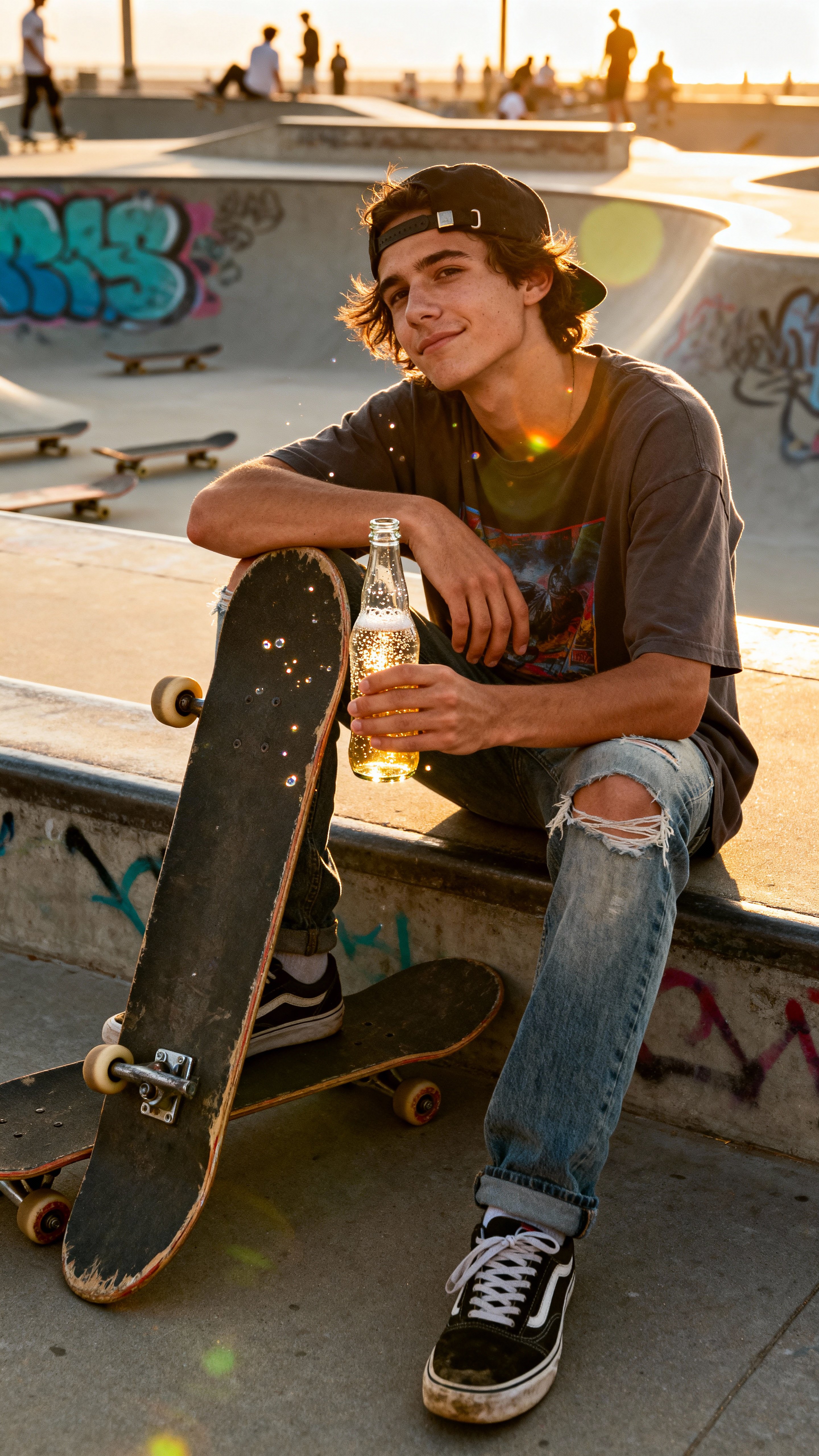A young skater sits casually on a concrete ledge in an urban skate park at late afternoon golden hour. His skateboard leans against his leg, grip tape worn and wheels scratched from hours of use. He holds a clear, fizzy beverage in one hand