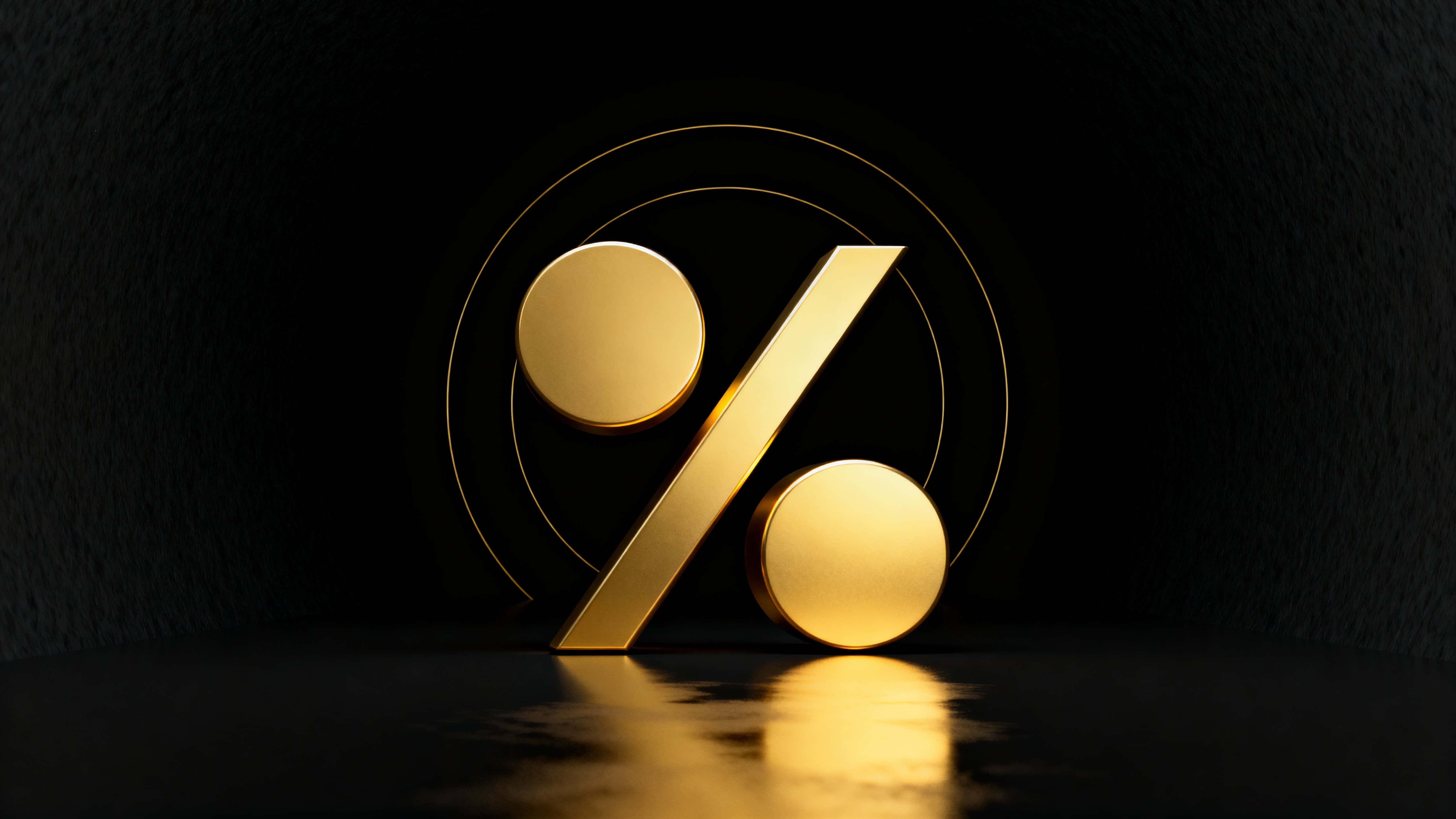 A bold gold percentage symbol composed of thick cylindrical slashes and round discs sits centered and slightly low in a 16:9 matte black frame, with faint concentric gold rings and soft floor reflections.