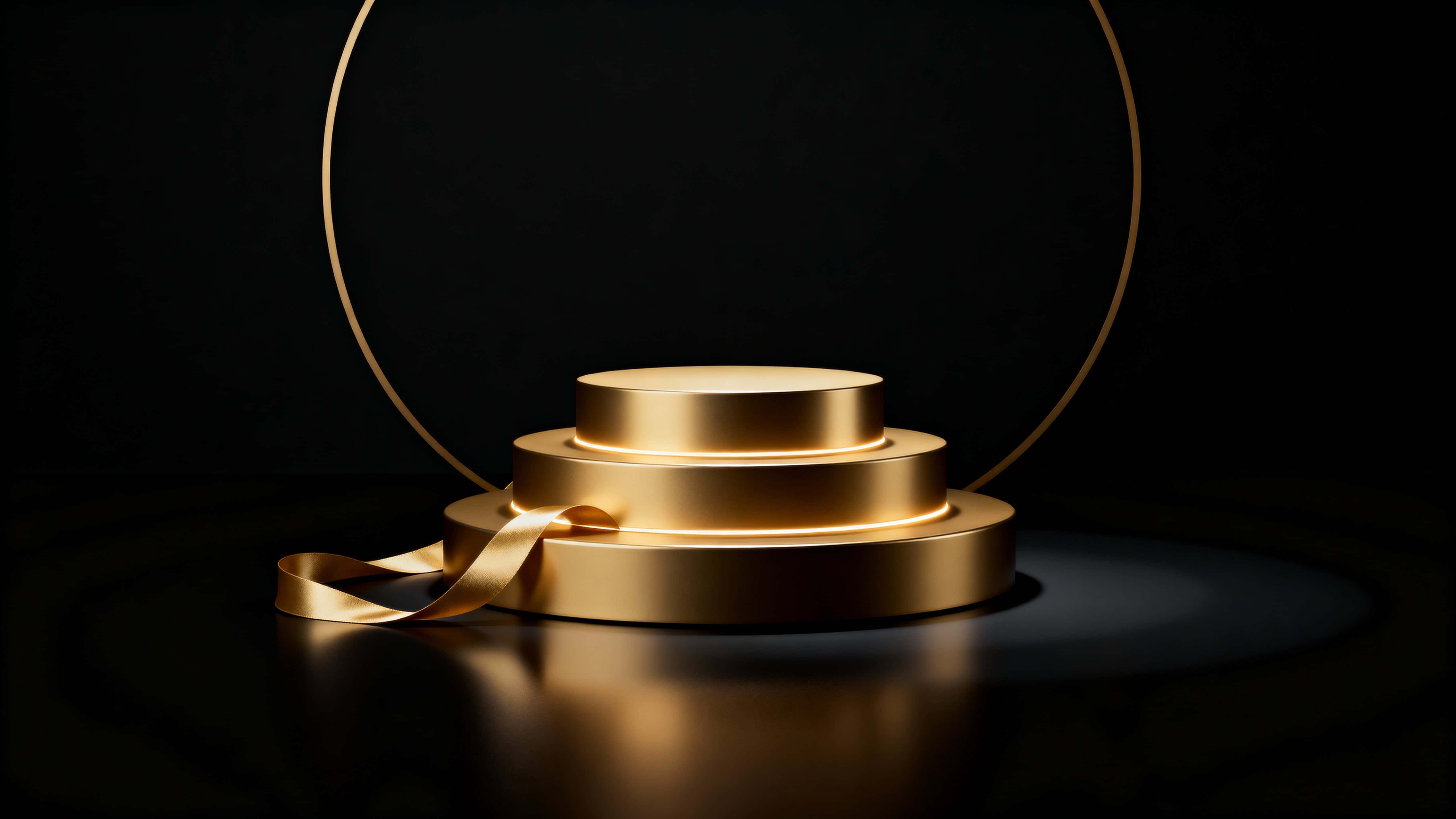 Three concentric polished gold tiers rise from a matte black floor in a 16:9 frame, wrapped by a satin-gold spiral ribbon and haloed by a rear rim glow against velvety void.
