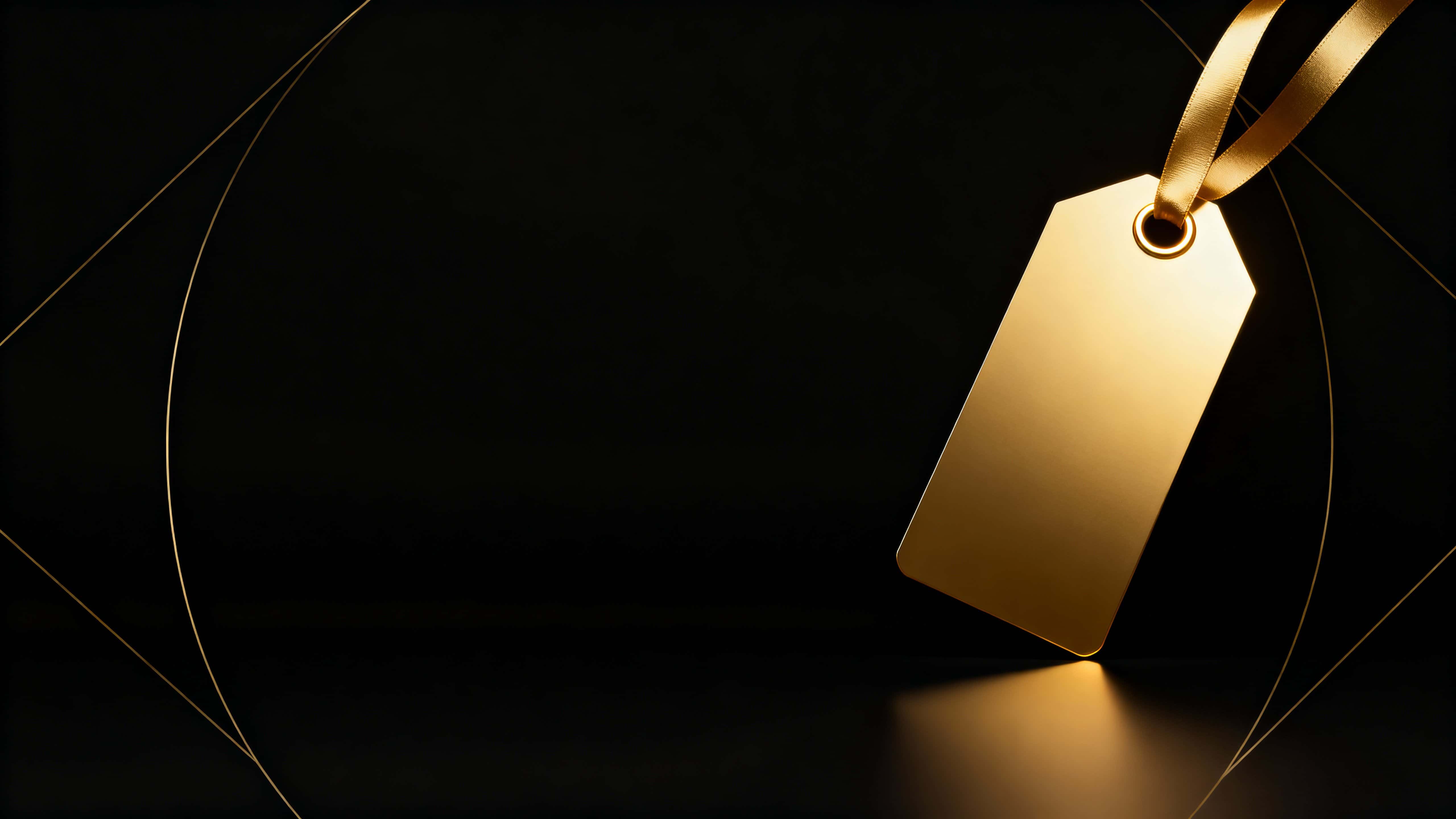 A polished beveled gold price tag floats at the right third of a 16:9 matte-black frame with satin ribbon, soft reflection, and faint geometric gold arcs in the background.