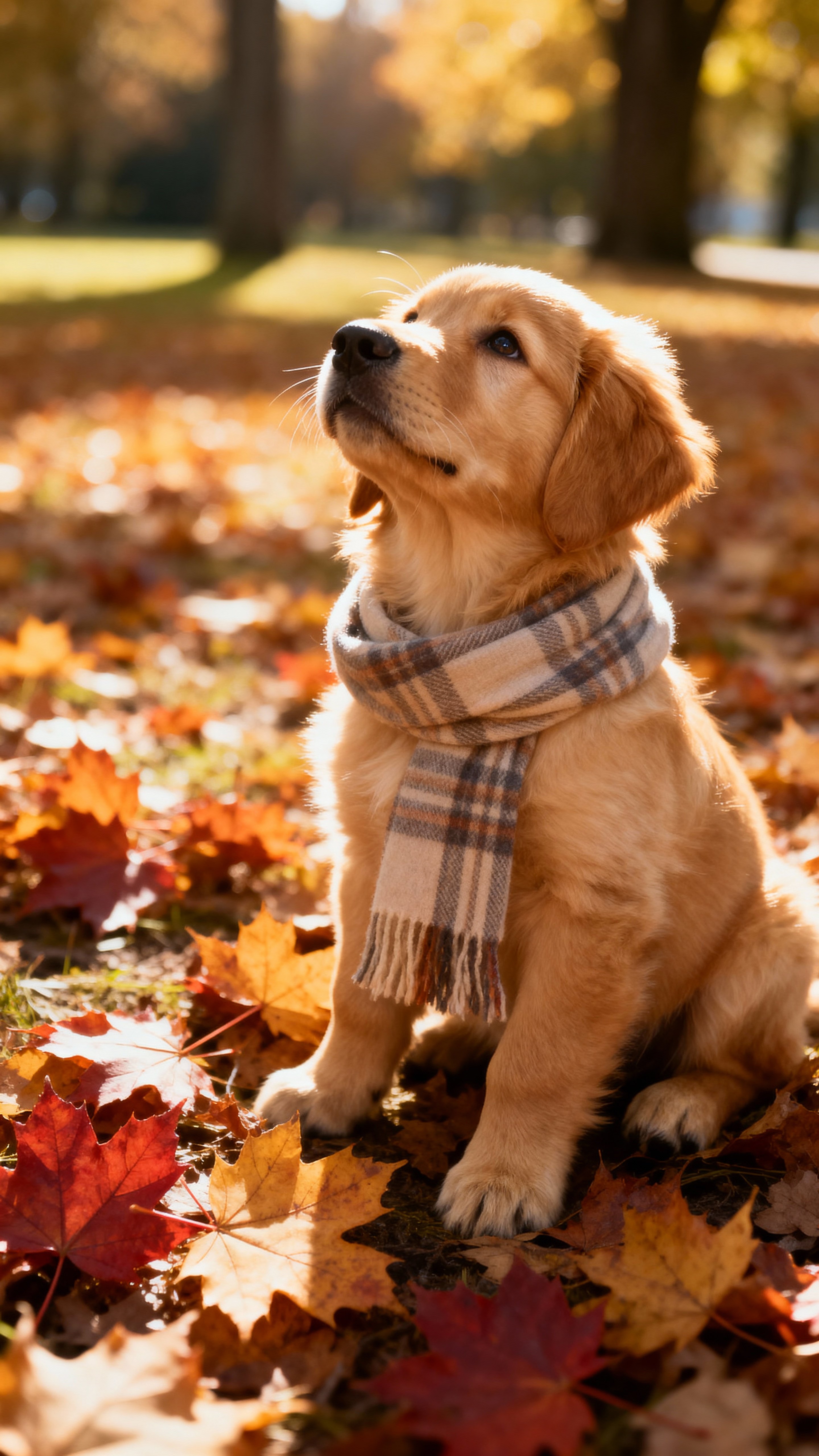 A cozy golden retriever puppy in a soft plaid scarf sits among amber, russet, ochre and crimson maple leaves in a sun-dappled park, shot eye-level with creamy bokeh.