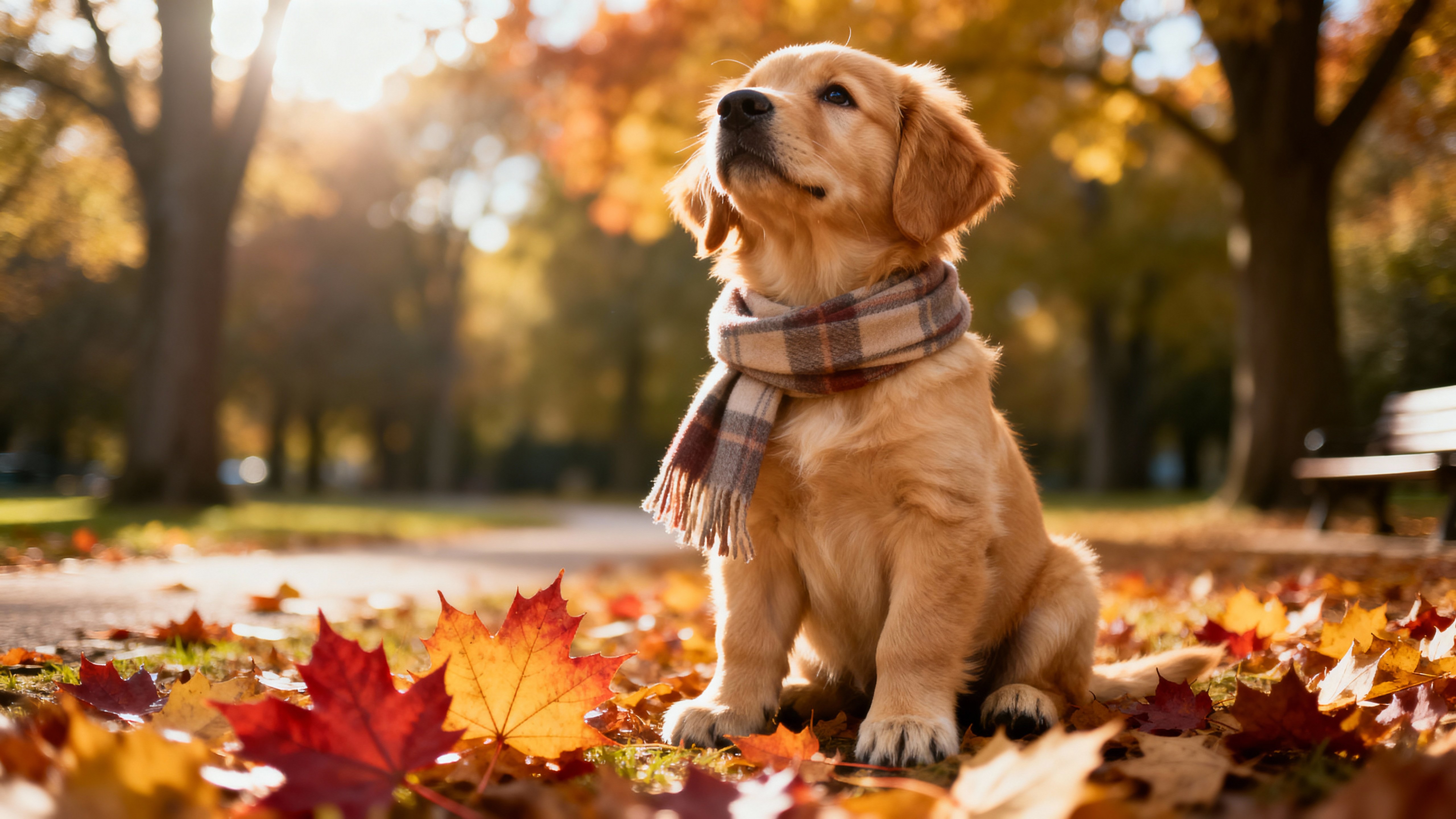 A cozy golden retriever puppy in a soft plaid scarf sits among amber and russet maple leaves in a sun-dappled park, gazing upward with bright, curious expression.