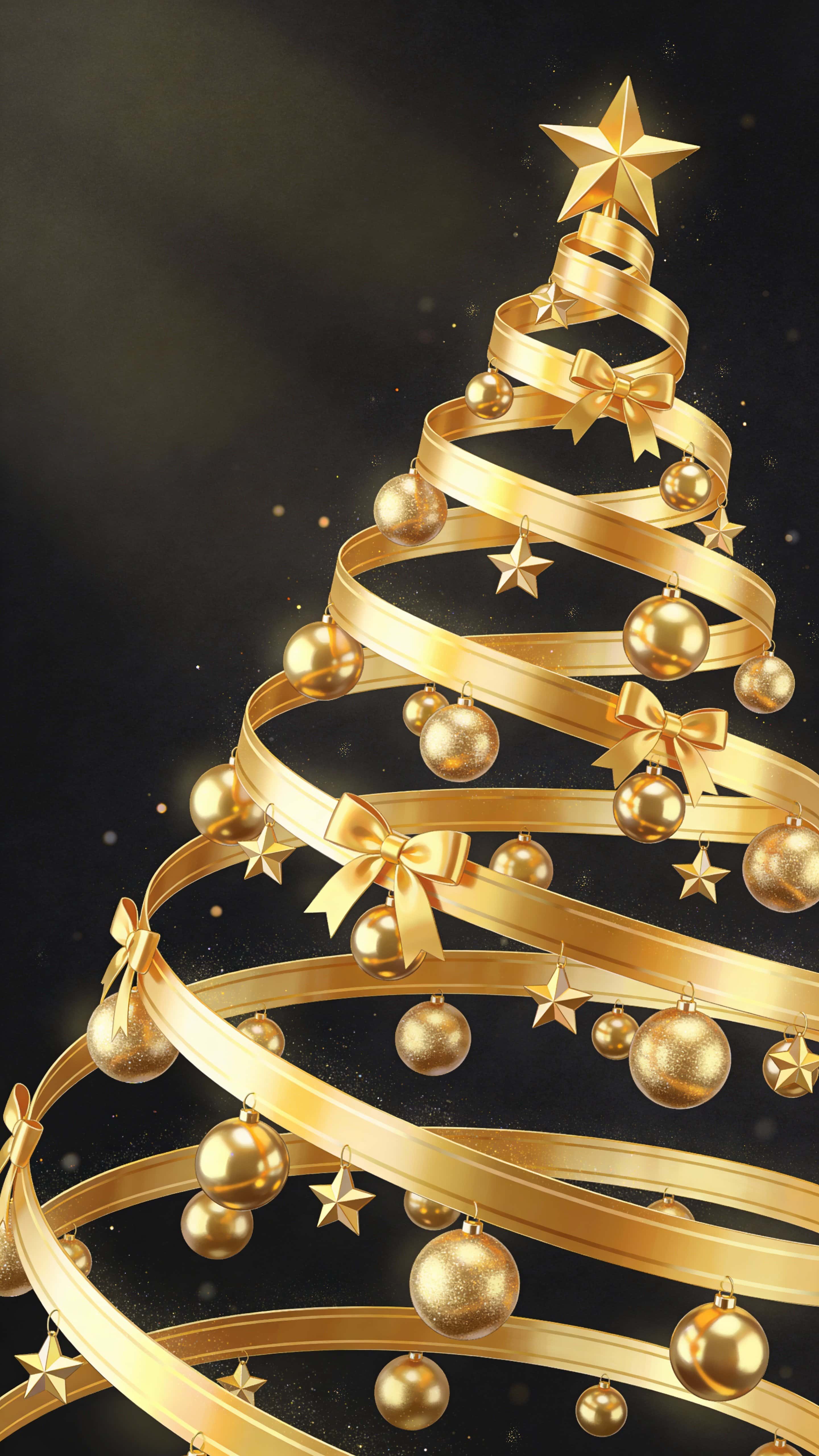 A luxe vertical Christmas illustration of a golden tree formed from diagonal ribbon-like strands, dotted with shiny spheres, stars and bows against a deep charcoal vignette backdrop.