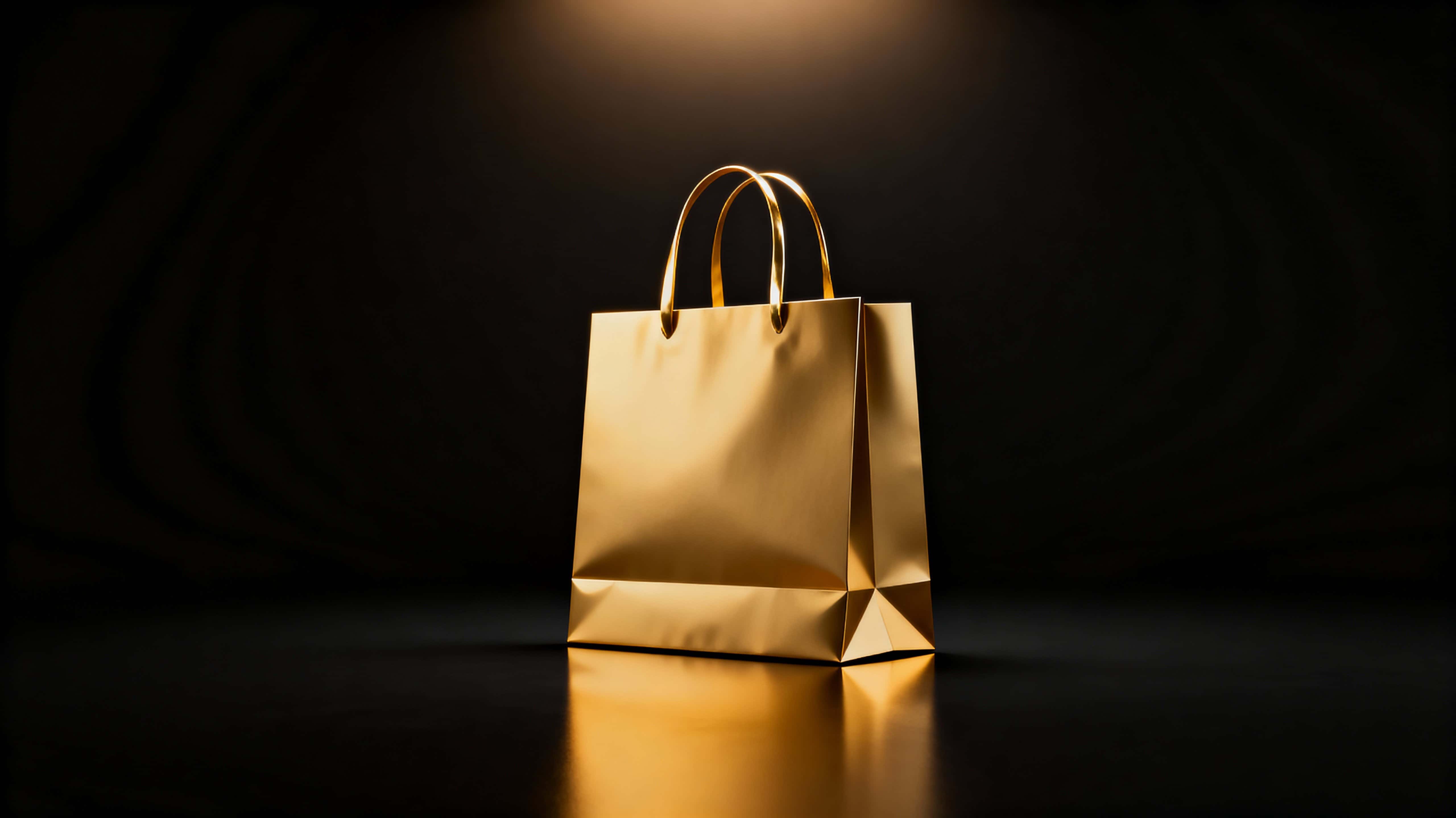A 16:9 3D render of a single unbranded polished gold shopping bag anchored low-center on a matte black floor that melts into velvety negative space, with warm top-left glow.