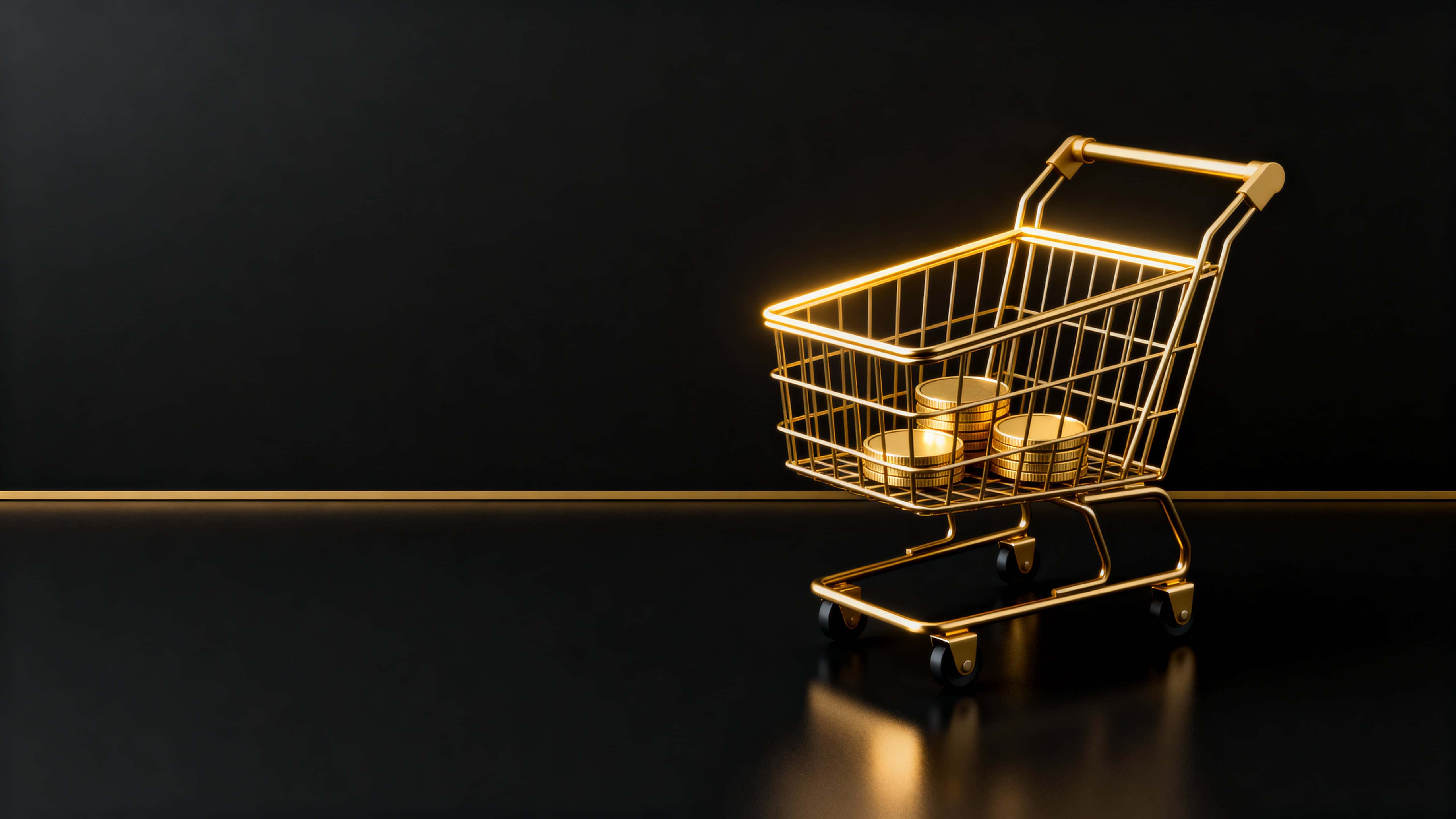 A minimalist golden shopping cart glides from the right over a matte black floor into a wide 16:9 frame, its thick wireframe lines and three coin-like tokens reflecting a soft golden rim while vast black negative space dominates the left.