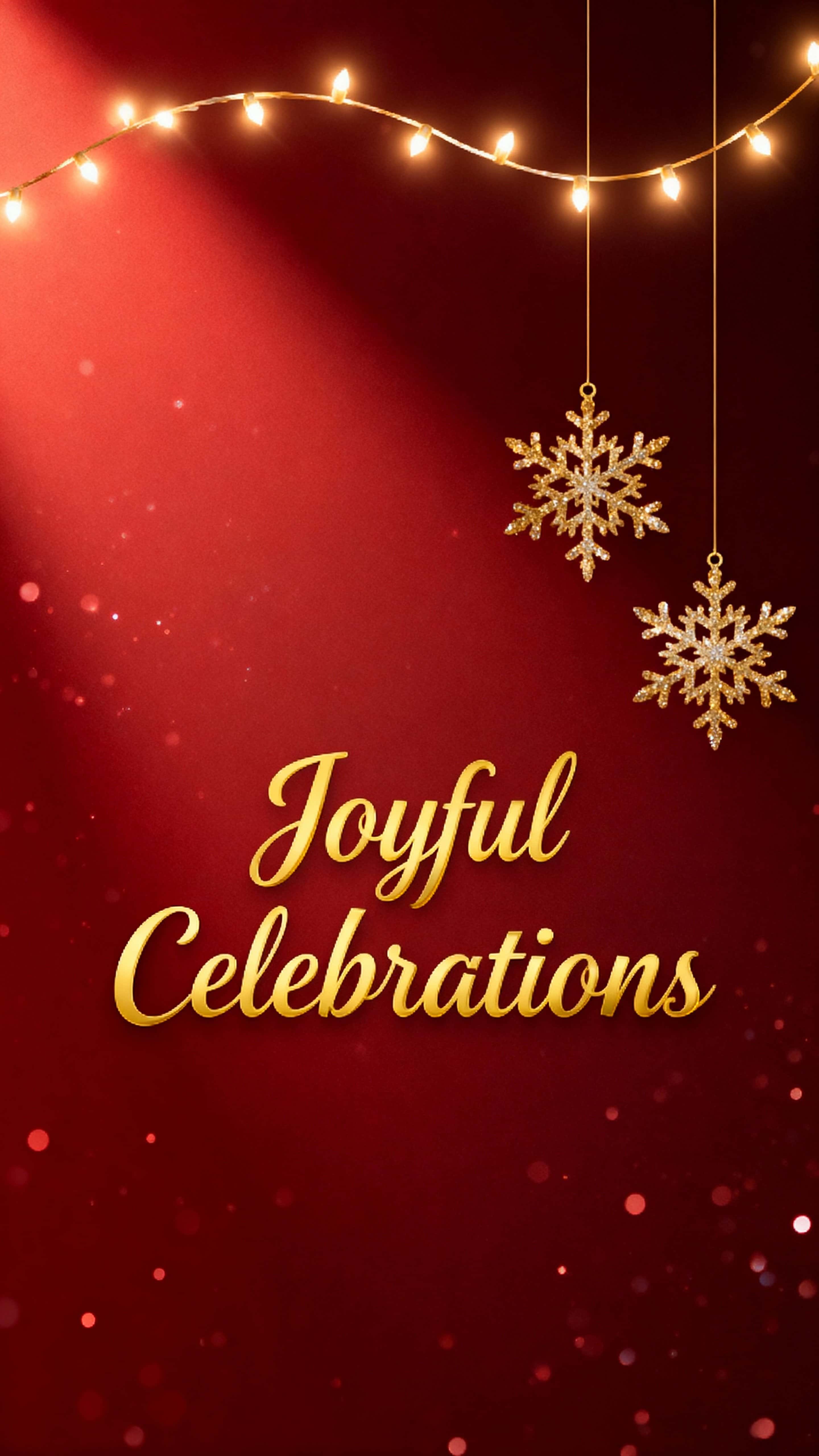 Portrait 9:16 scene with a deep red gradient background speckled with subtle shimmering particles, three golden snowflakes hanging at right, warm string lights above, and a bright gold cursive message centered with generous space.