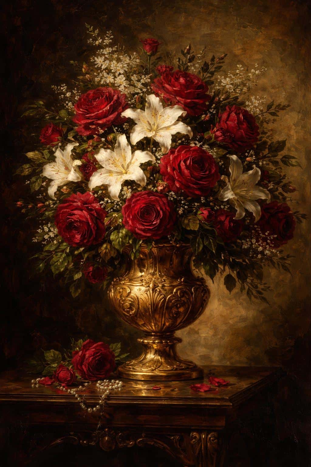 Vertical 2:3 classical oil painting of an ornate golden vase overflowing with deep red roses and white lilies on a dark wooden table, rendered in thick impasto with warm Rembrandt-like chiaroscuro.