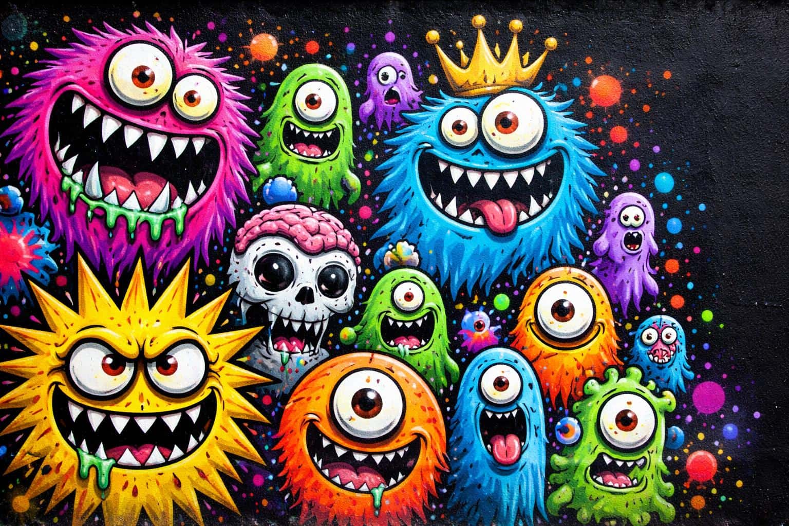 High-fidelity street-photography prompt to reproduce a vibrant graffiti mural of cartoon monsters with bold colors and clear 3:2 composition guidance for framing.