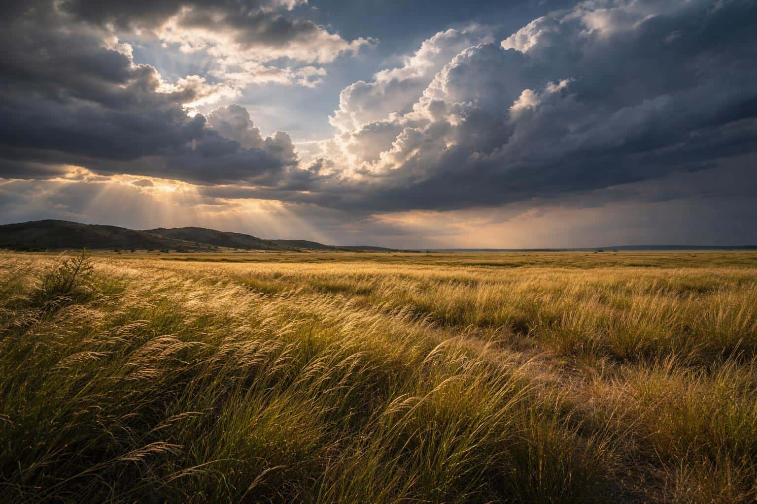 Open grassland under a dramatic sky with layered storm clouds, shafts of light, and distant ridgelines, composed as a 3:2 landscape photograph for wallpaper use.
