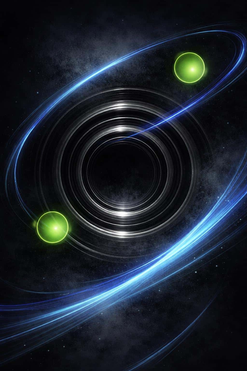 An abstract digital painting of concentric charcoal and pewter rings with neon green orbs and cobalt arcs, composed for a vertical 2:3 poster-cover with strong depth and kinetic energy.