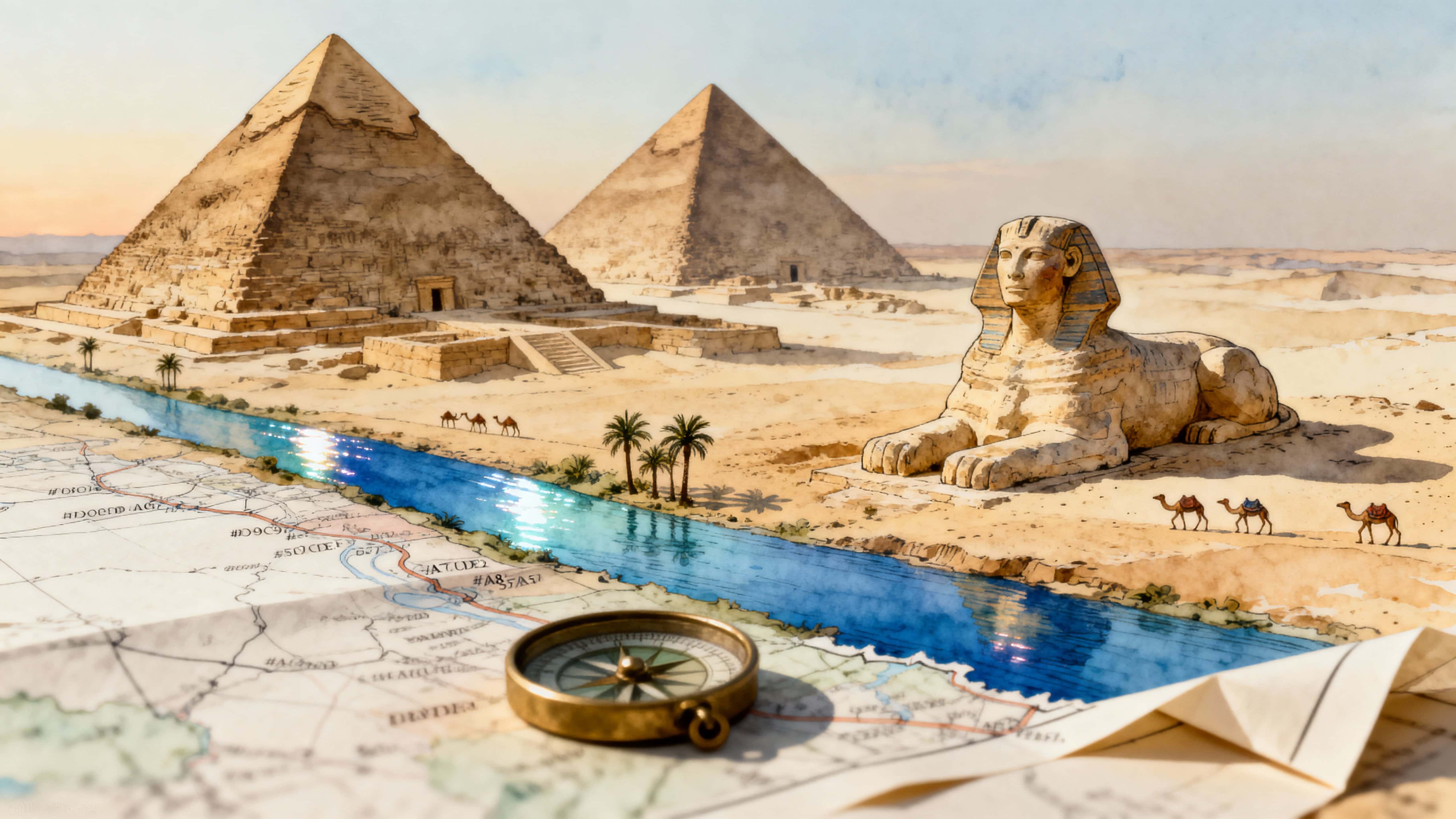 A stylized printed map shows the Great Pyramid and the Sphinx rising as tiny landmarks while a slender Nile ribbon winds past palm trees and small camels within a 16:9 framed scene.