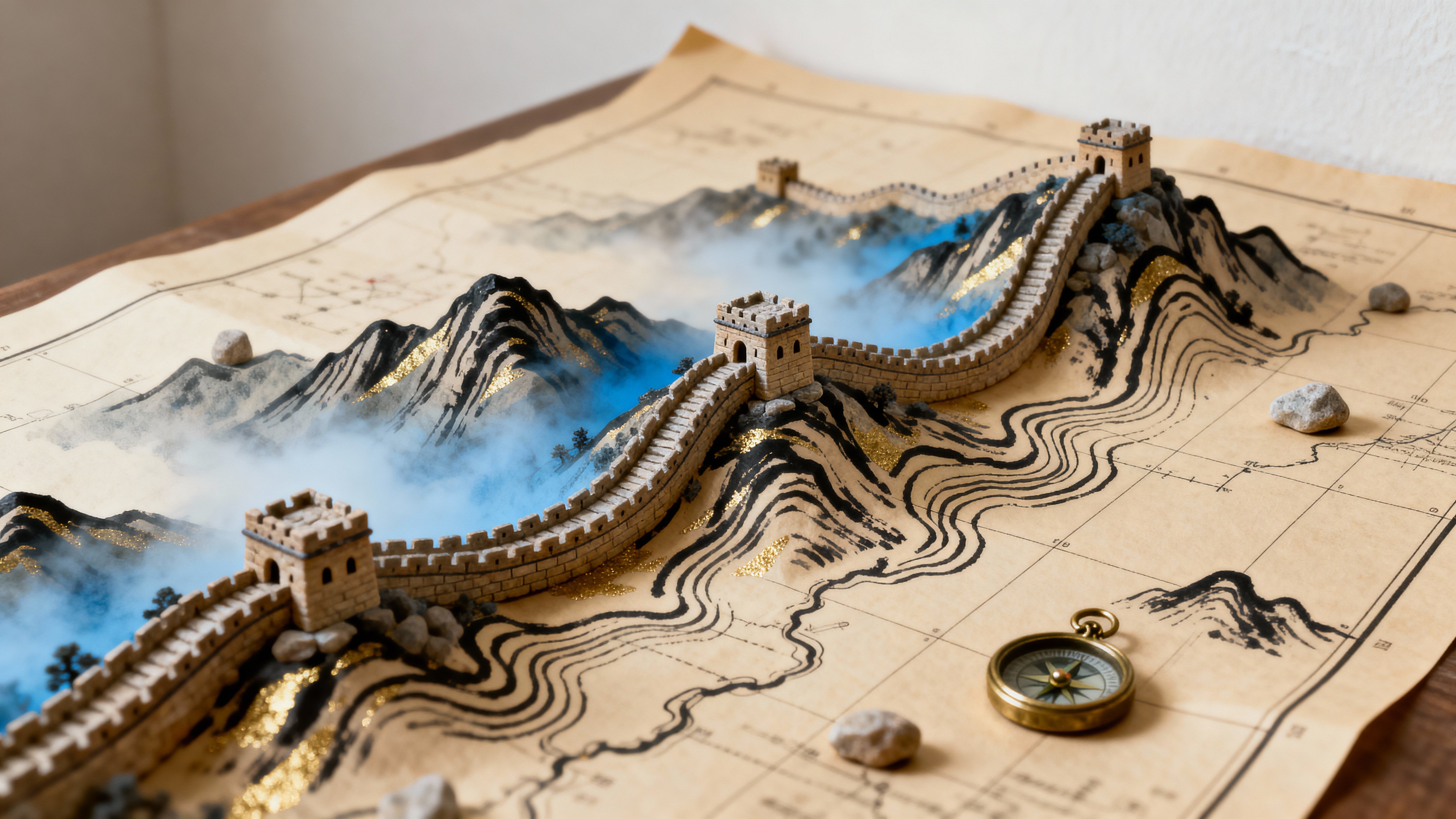 A miniature Great Wall traces hills across a printed map while soft mist curls around tiny stone towers, with paper texture and inked cartography lending gentle scale and calm atmosphere.