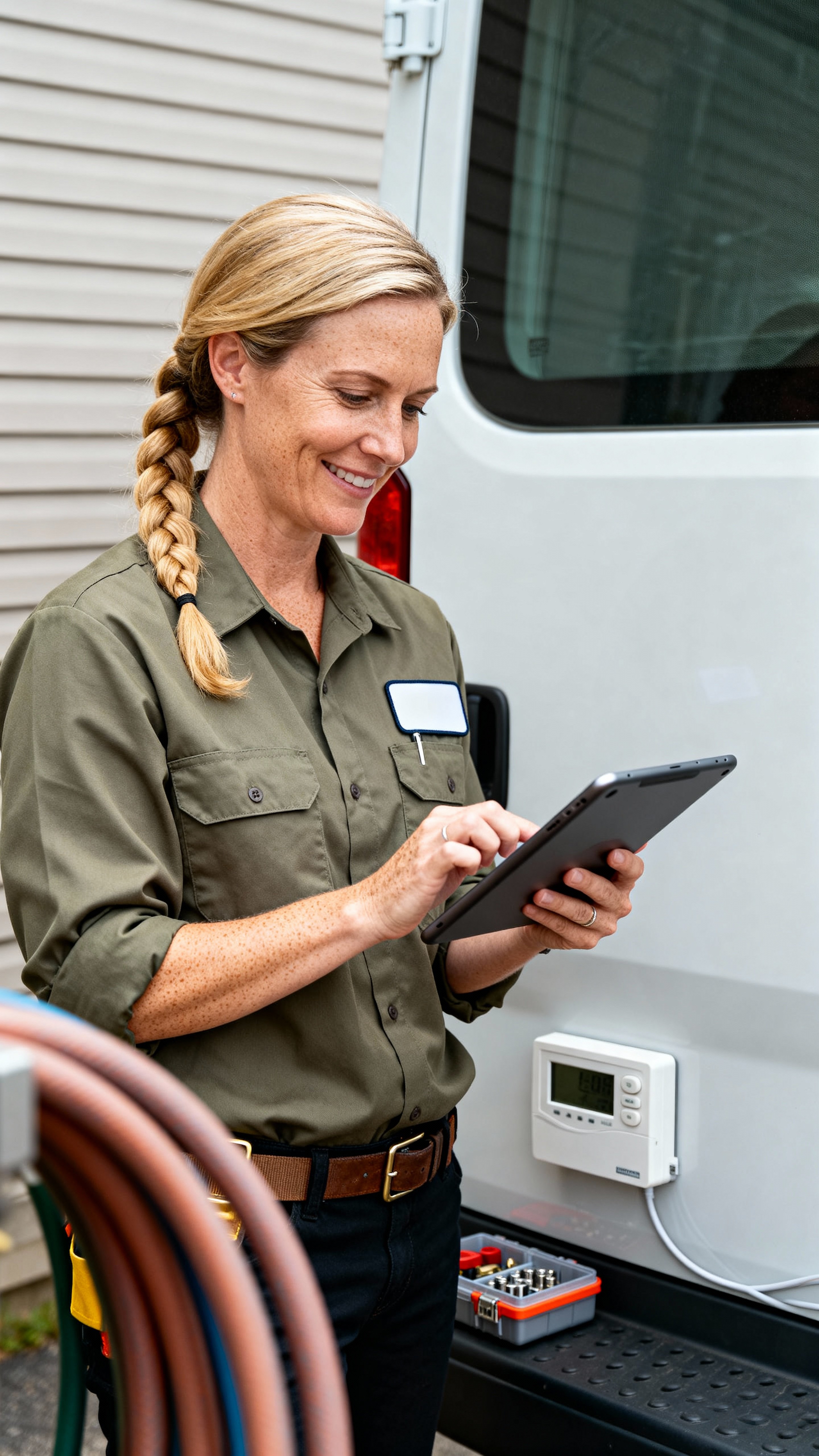 Half-body portrait of Gretchen, a German-American HVAC technician in Milwaukee checking a service tablet by a white van, olive shirt, blonde braid, fair freckled skin, small yellow parts case on the bumper, and a subdued gray siding wall as