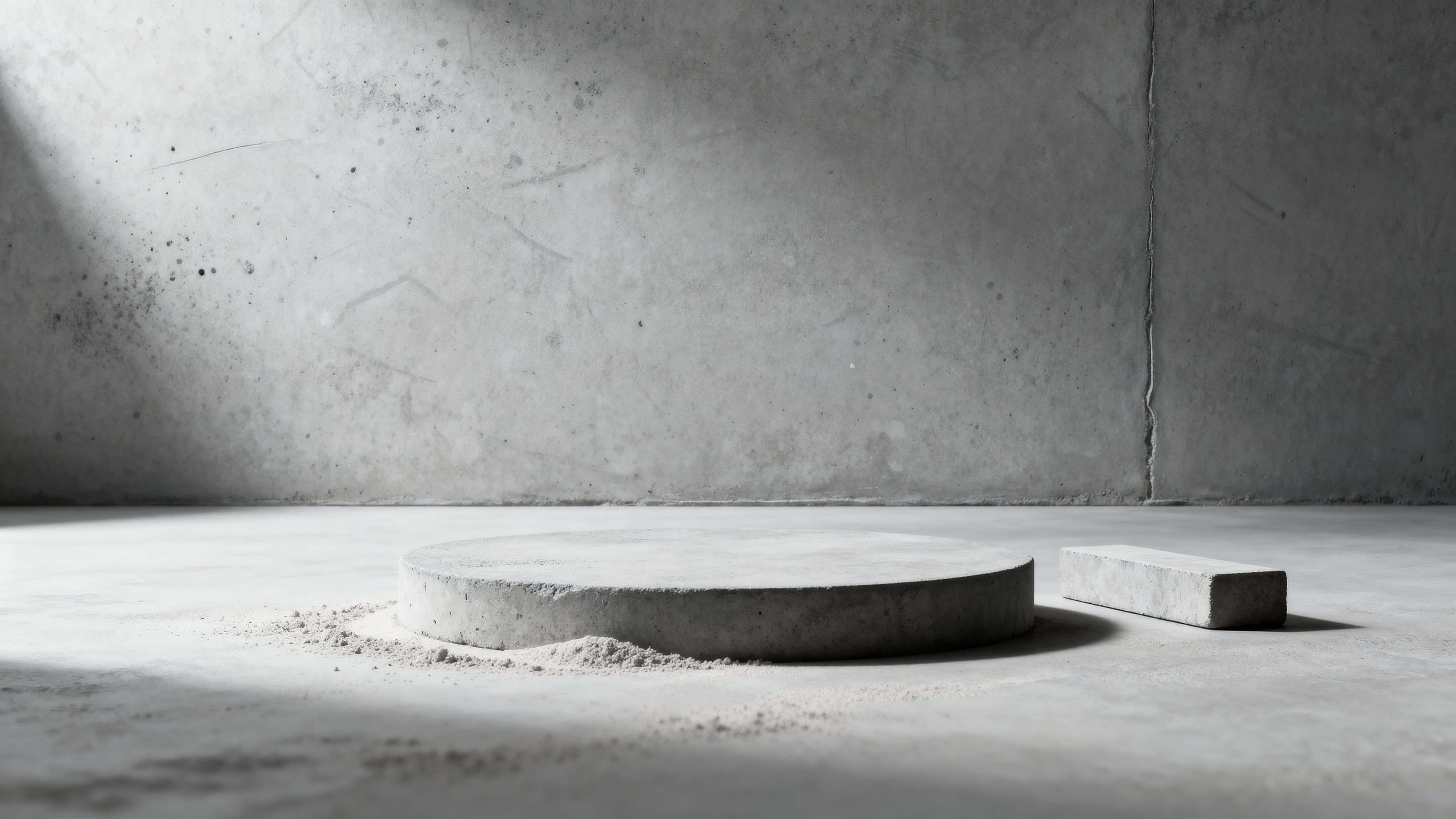 A neutral grey cement backdrop designed for product mockups with subtle texture, soft directional modeling light, and a clean 16:9 composition to frame objects for photography and design use.