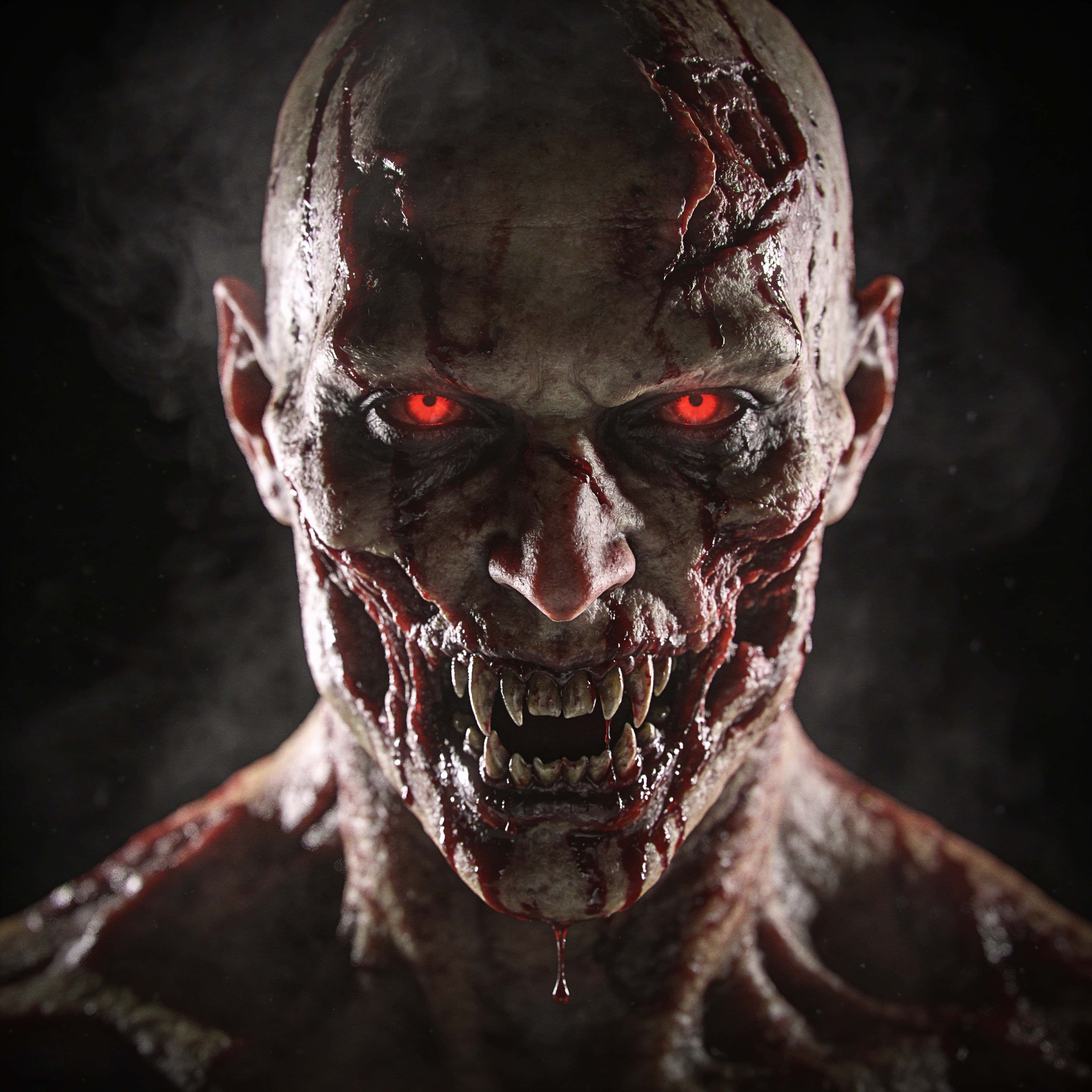 A square, close-cropped portrait of a grotesque humanoid with a blood-smeared face, realistic skin texture and cinematic high-contrast lighting amid dark fog.