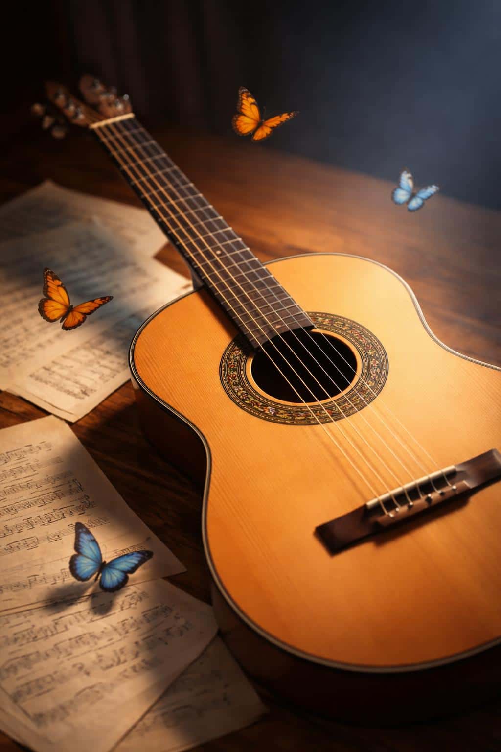 Close-up still-life photograph of a decorated acoustic guitar surrounded by butterflies and scattered sheet music, rendered as a dreamy poster-cover composition in portrait ratio.