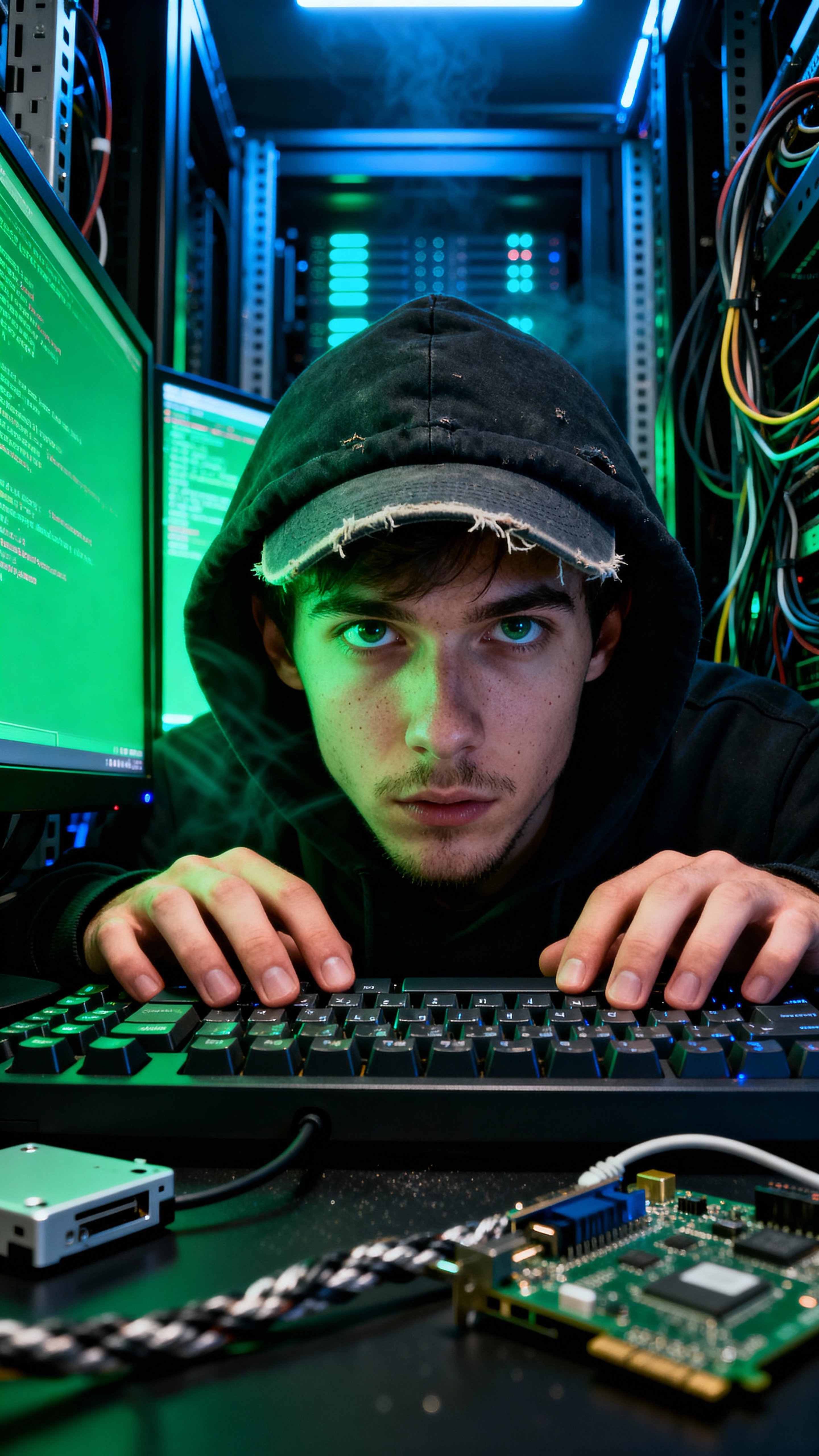 Close-up of a young mysterious hacker in a dark hoodie, green monitor glow reflecting in focused eyes, fingers typing over a cluttered server-filled lair.