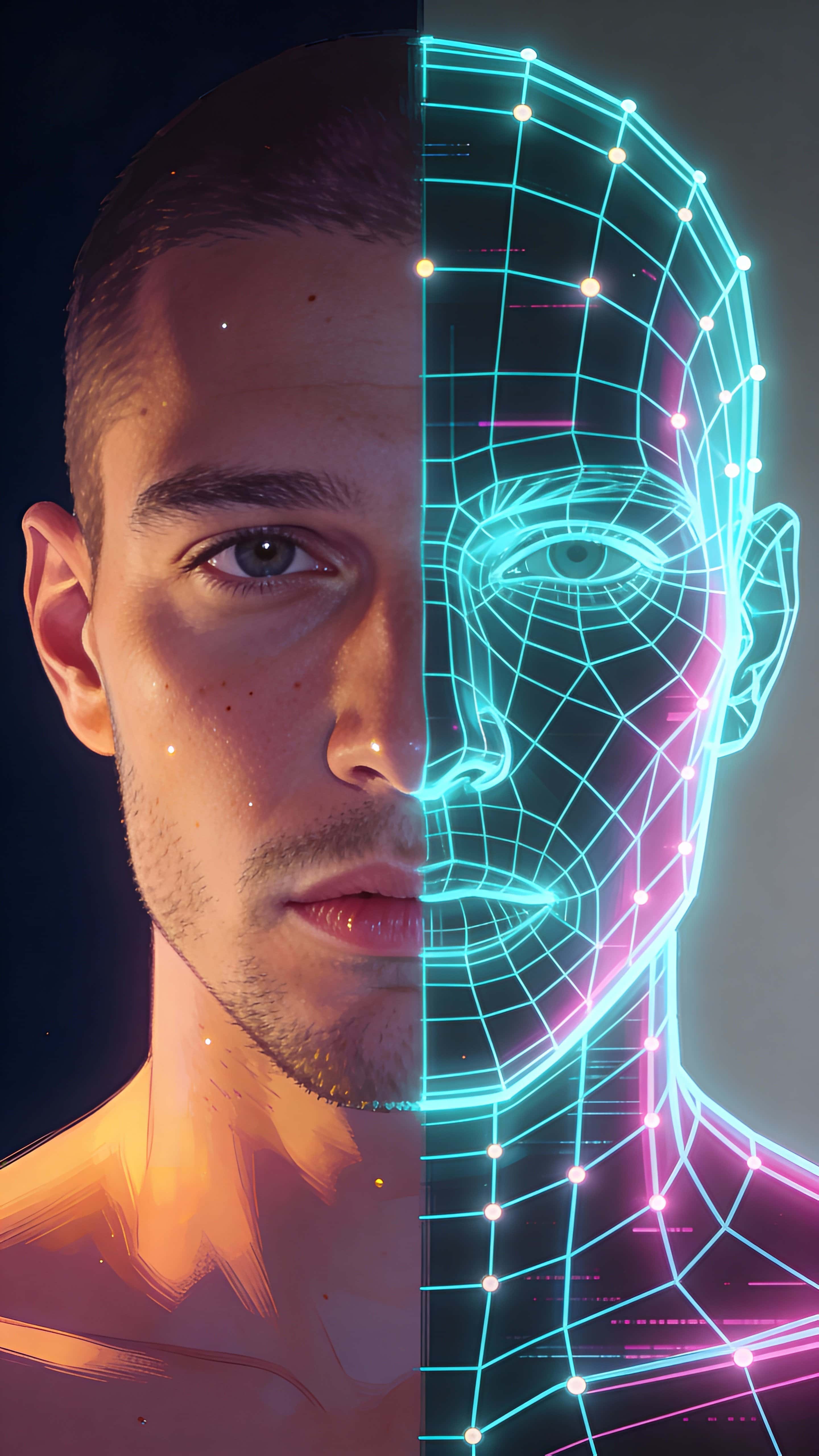 A vertical 9:16 digital portrait showing a human face merged with a wireframe counterpart, half photographic skin and half geometric mesh, designed as a striking poster image.