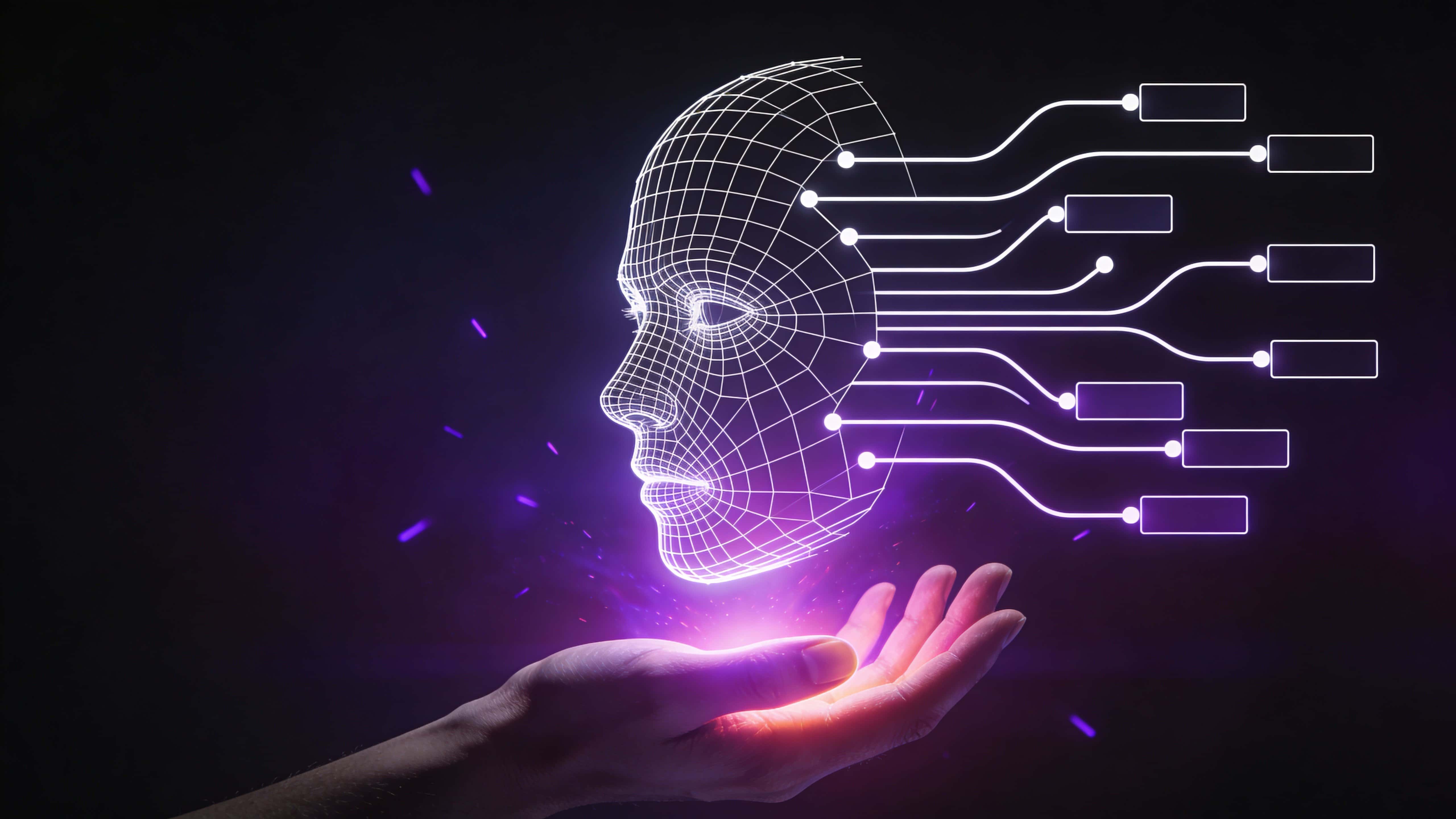 A futuristic half-human wireframe face hovers above an open hand, its base glowing with violet and magenta energy while data blocks branch outward against a dark gradient.