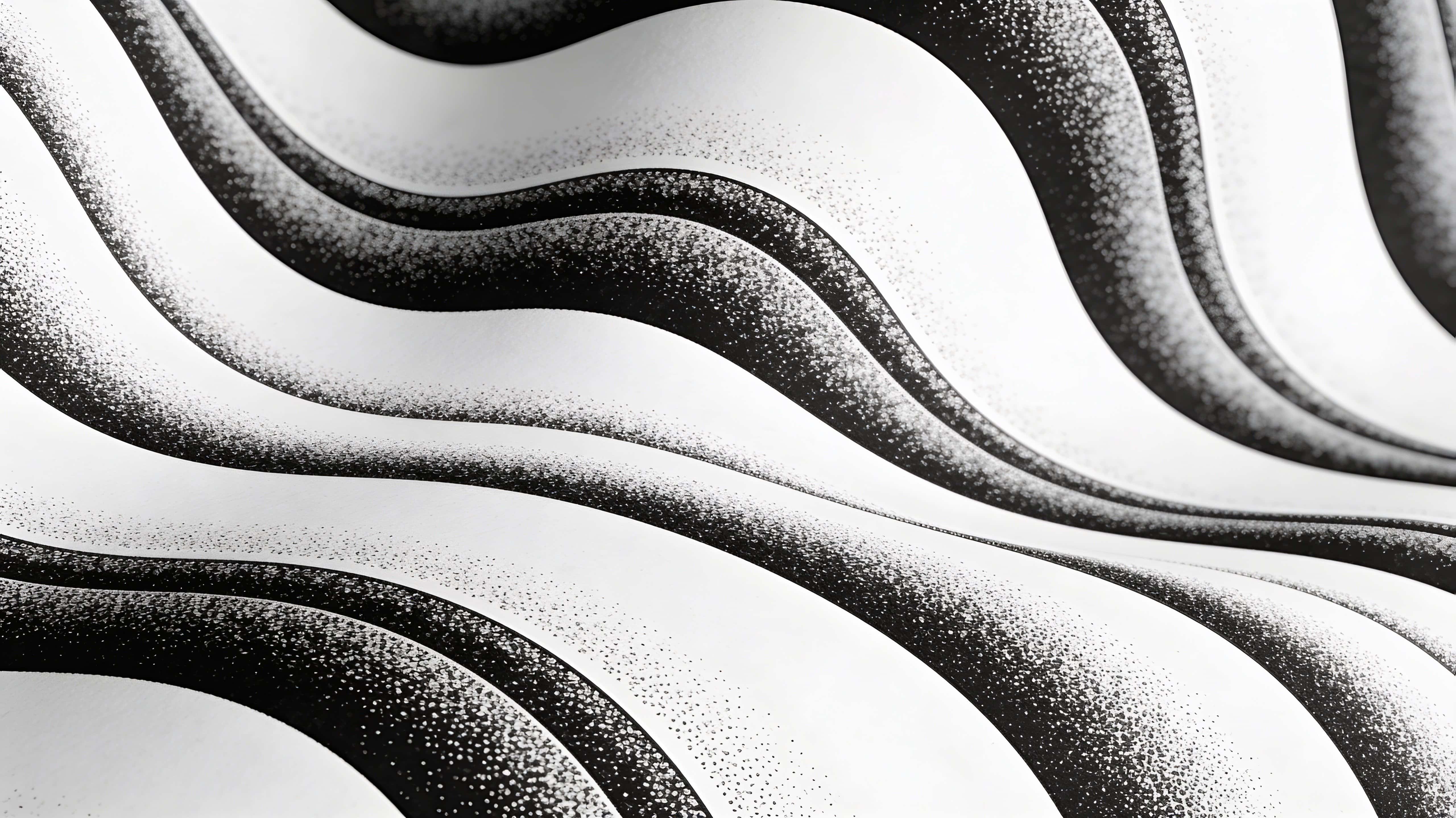 A seamless 16:9 halftone pattern of layered wave bands flowing across the surface, defined by dense black dot fields that fade into lighter gray areas on a clean off-white background, repeating continuously.