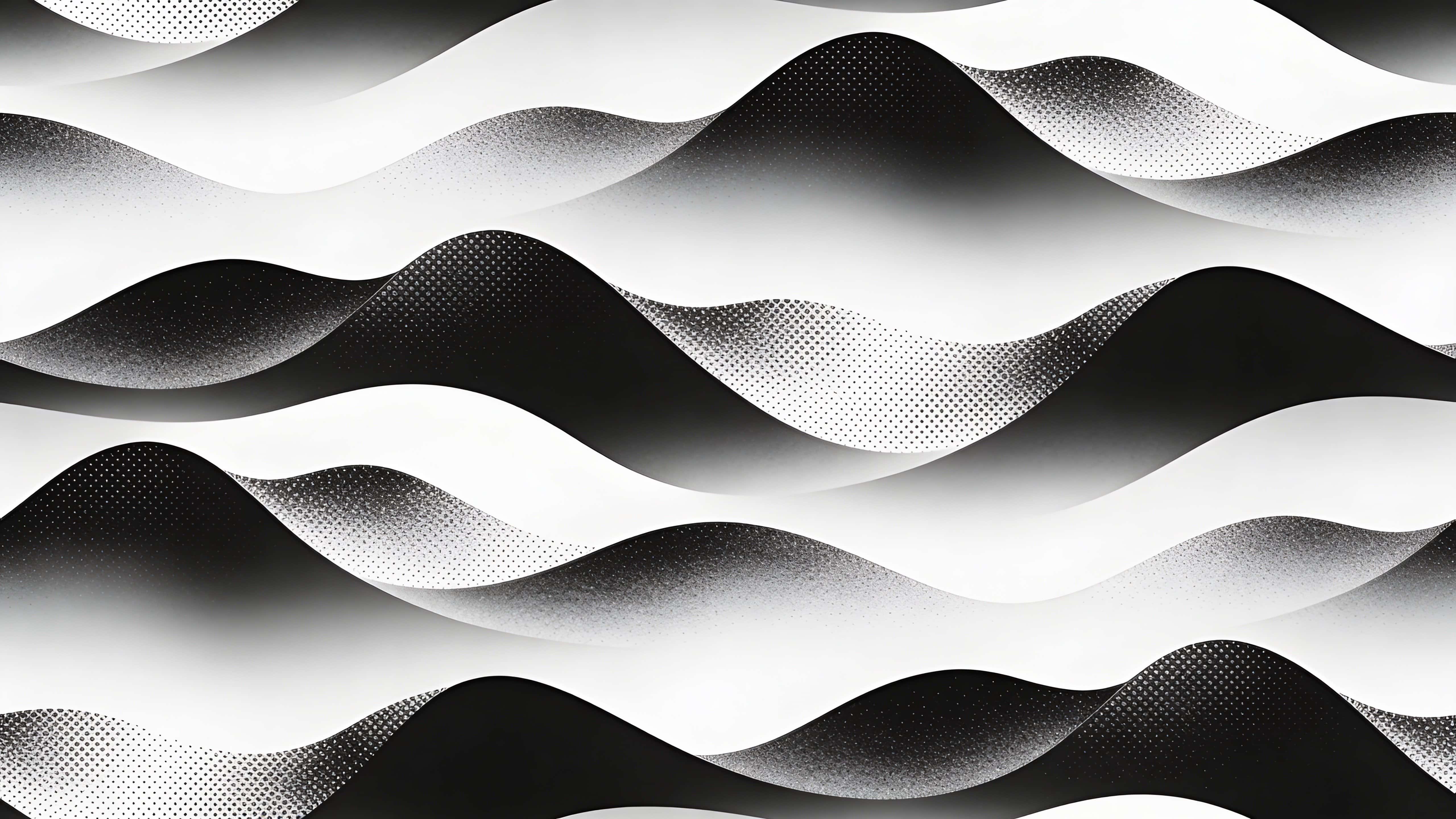 A seamless abstract pattern of flowing horizontal waves formed from dense halftone dots that rise and fall like layered rolling hills in stark black-and-white, tiled to fit a 16:9 frame.