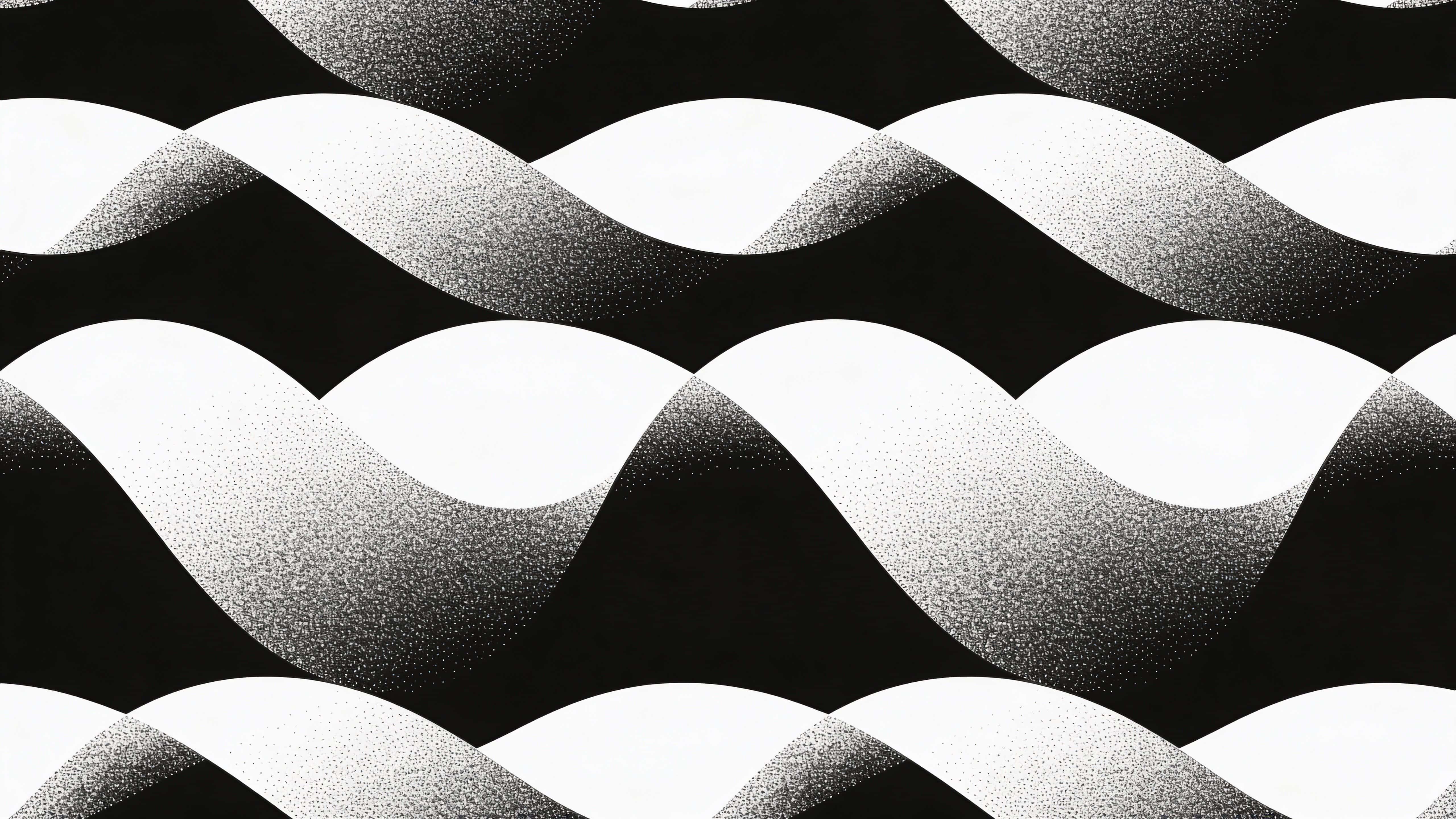A seamless, monochrome halftone wave pattern in 16:9 framing, with flowing horizontal contours formed from fine dotted textures whose density shifts create depth and tactile restraint.