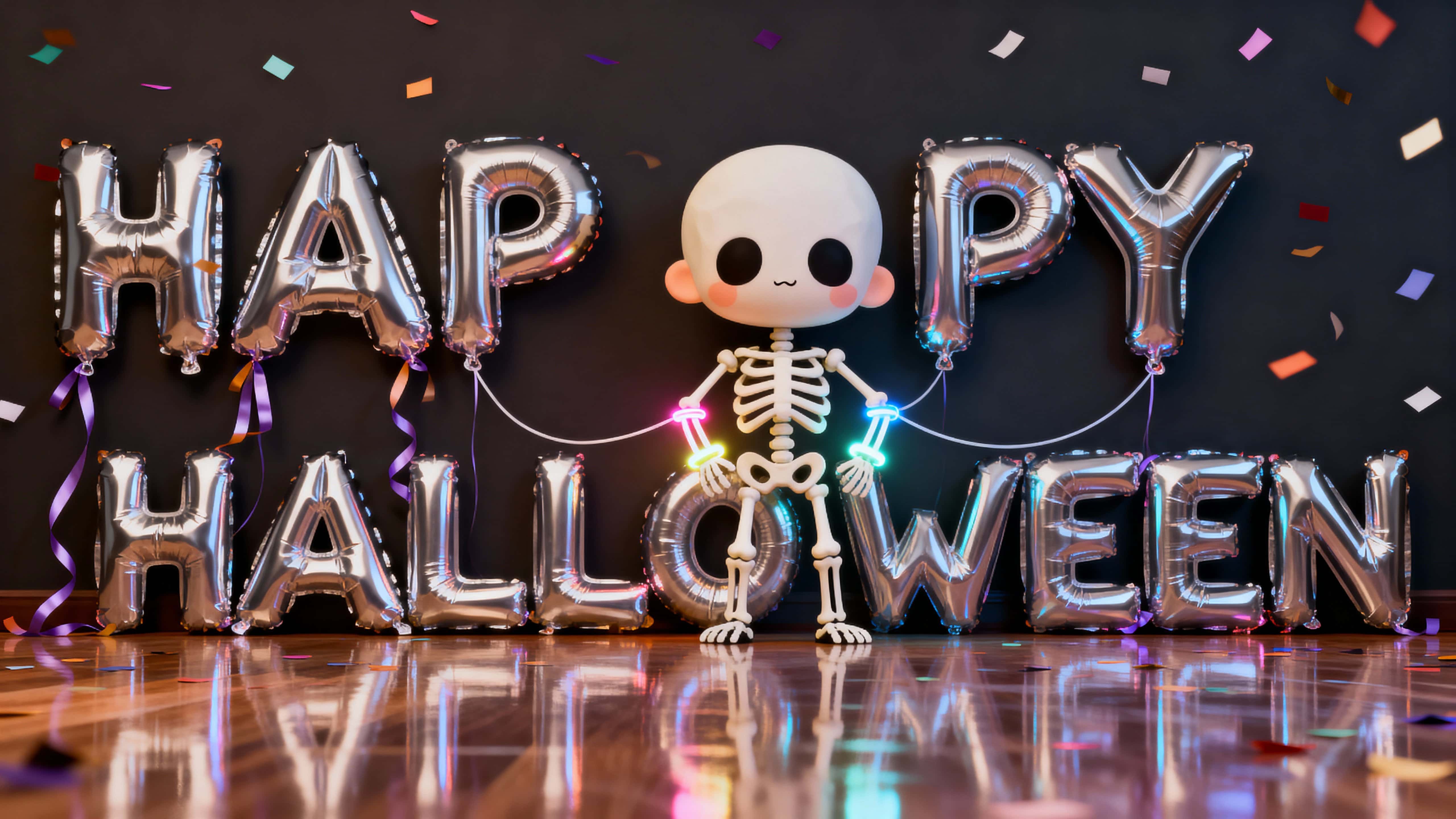 Foil HAPPY HALLOWEEN balloons in gold and silver with ribbon tails; a chibi bone-white skeleton in neon cyan and magenta glow-stick bracelets tethers the N as confetti drifts over a glossy floor reflection, soft frontal key, clean 16:9 blee